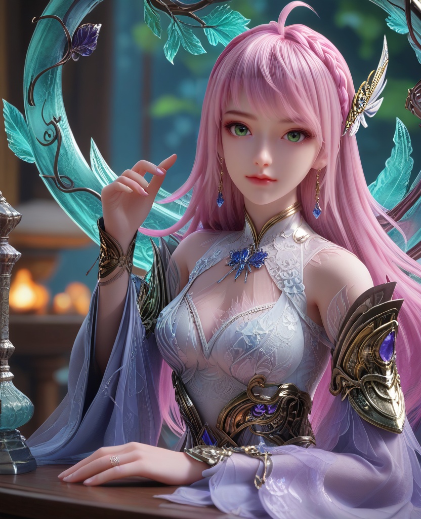 (oriental architecture, elegant decor, sophisticated style:1.1),(rest her head and arms on the table:1.1),(breasts:1.2),<lora:XL16克金玩家林紫玥转职:0.95>,miss linziyue,lavender tiered high-low dress,green eyes,pink hair,ahoge,long hair,half-up crown braid with long cascading hair,jewelry,earrings,rerebrace,sash,detached sleeves,white single thighhigh with embroidery,crystal halo,, score_9,score_8_up,score_7_up,score_6_up,score_5_up,score_4_up,3d rendering,tag1,tag2, Cinematic Lighting,backlighting,, zPDXL3, zPDXL2,zPDXL, zPDXLxxx, zPDXLrl,