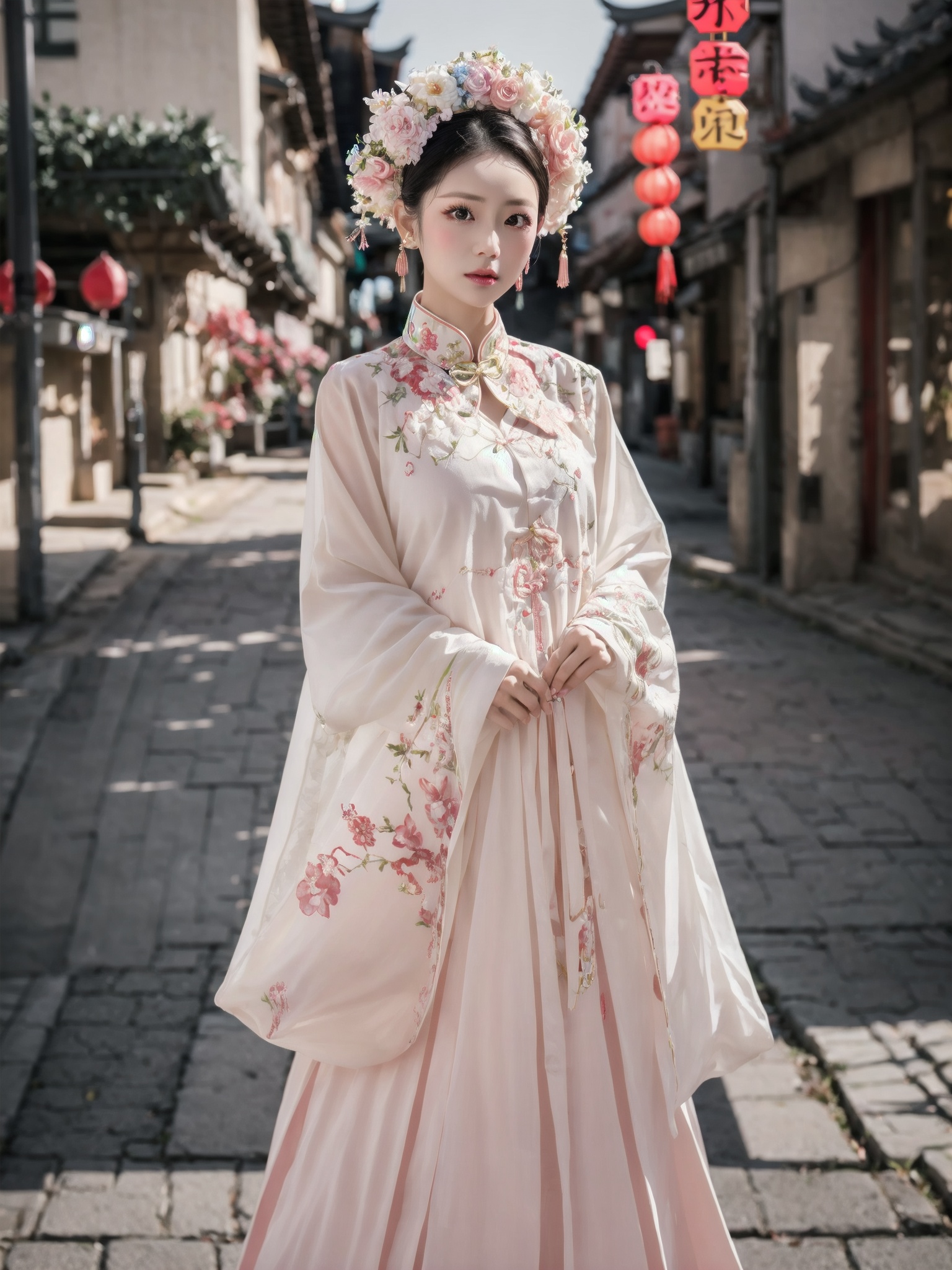 <lora:5152_7227_8405@f7b698da35:0.7>,solo,1girl,zanhua,china_dress,chinese_style,plump,looking at viewer,light_blush,absurdres,realistic,available light,depth_of_field,gohei,street,light_eyes,