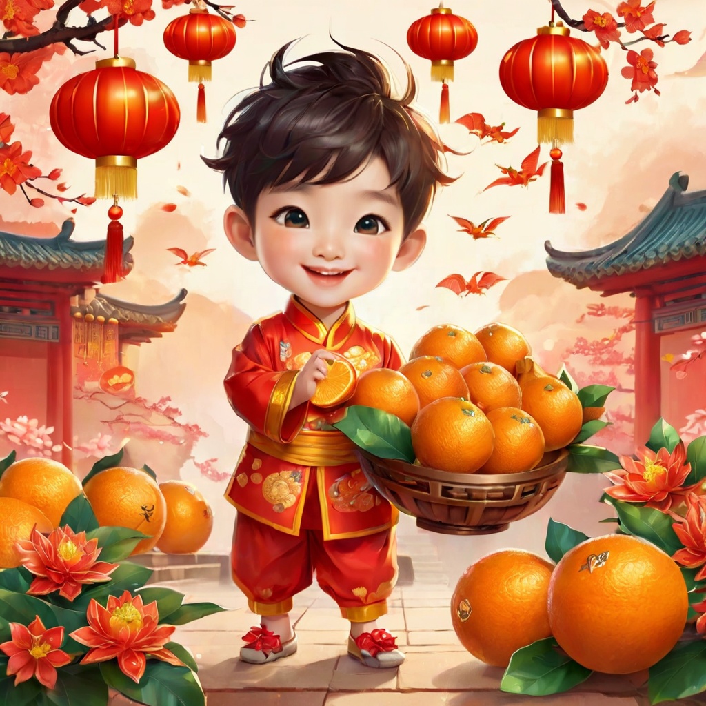 a cute boy,holding oranges and an equally charming "可爱的小龙," both celebrating Chinese New Year. Design the boy and the dragon with festive outfits and accessories,reflecting the holiday spirit. Use traditional Chinese New Year colors like red and gold in their attire. Depict them engaging in traditional New Year customs,such as giving and receiving oranges for good luck,with the little dragon playfully involved. Ensure the characters exude joy and enthusiasm for the Chinese New Year celebration.,(poakl cartoon newyear style:1.5),best quality,masterpiece,<lora:poaklSDXLcartoonnewyearV2-000007:0.6>,