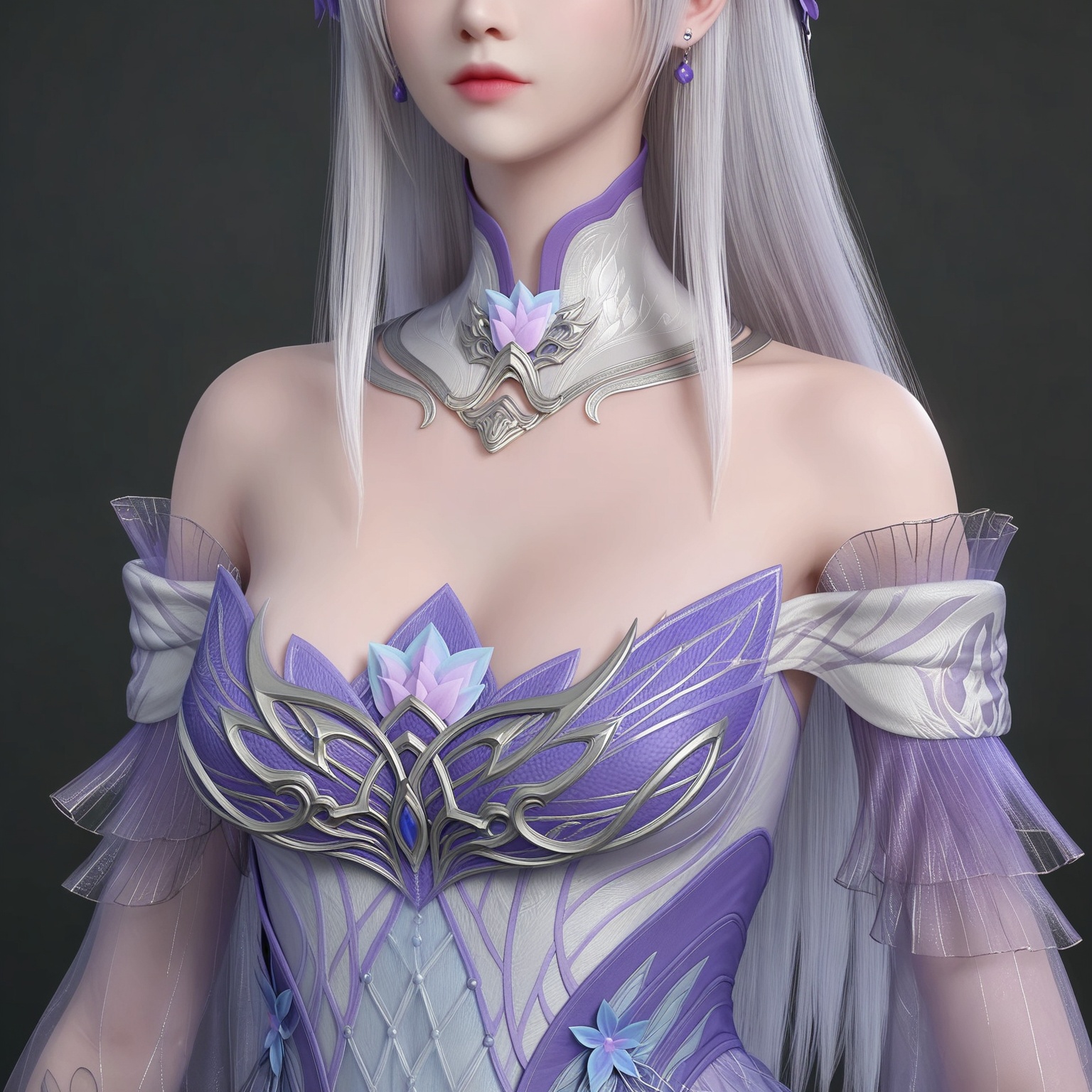 score_9,1girl,solo,<lora:ponyxiaoyixianV3:0.8>,realistic,hair_ornament,long_hair,dress,bare_shoulders,detached_collar,grey_hair,hair_flower,white_hair,breasts,jewelry,detached_sleeves,earrings,white_dress,bangs,see-through,purple_flower,BREAK score_9,upper_body,portrait,shiny_skin,looking at viewer,cinematic lighting,volumetric lighting,solo focus,(huge breasts:0.9),(simple background,pure black background,black background:1.1),