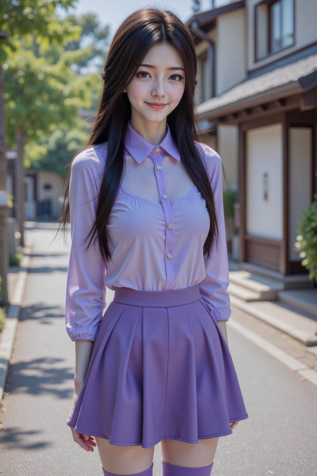 HDR photo of cinematic film still, 1girl, solo, long hair, looking at viewer, shirt, purple collared shirt, black hair, smile, purple eyes, outdoors, purple short pleated skirt, thigh-high purple socks, realistic, <lora:20251024_TinFlux1ZiLingLora10:0.7>