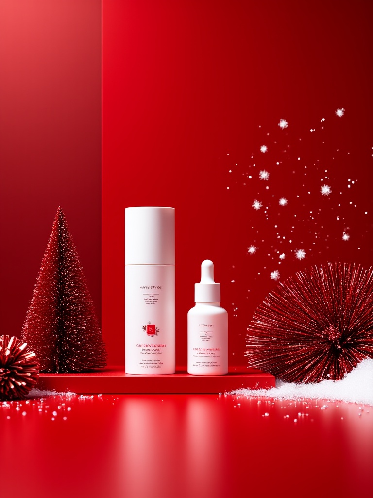 miluo_sdmz, The image is a photograph showcasing a festive, holiday-themed setup with a red color scheme. Central to the composition is a white cylindrical bottle of skincare product, likely a serum or moisturizer, labeled "Chrysanthemum Flower Extract Serum." To its right, a small white pump bottle of a toner or essence, also labeled similarly, stands upright. Both bottles are positioned on a reflective red surface that captures the ambient light, adding a glossy effect.To the left of the bottles, a small, stylized evergreen tree made of tiny, shimmering red needles is placed, adding a textured, festive element. On the right side of the image, a dense cluster of red tinsel-like decorations forms a semi-circular arrangement, creating a visually appealing, holiday ambiance.The background is a gradient of deep red, with scattered white snow-like particles suspended in the air, enhancing the wintery feel. The overall aesthetic is modern and minimalist, with a focus on clean lines and a cohesive color palette. The products and decorations are arranged thoughtfully, emphasizing a luxurious, high-end aesthetic typical of upscale skincare branding.<lora:miluo丨圣诞场景丨光影通透-flux-1.4:1>