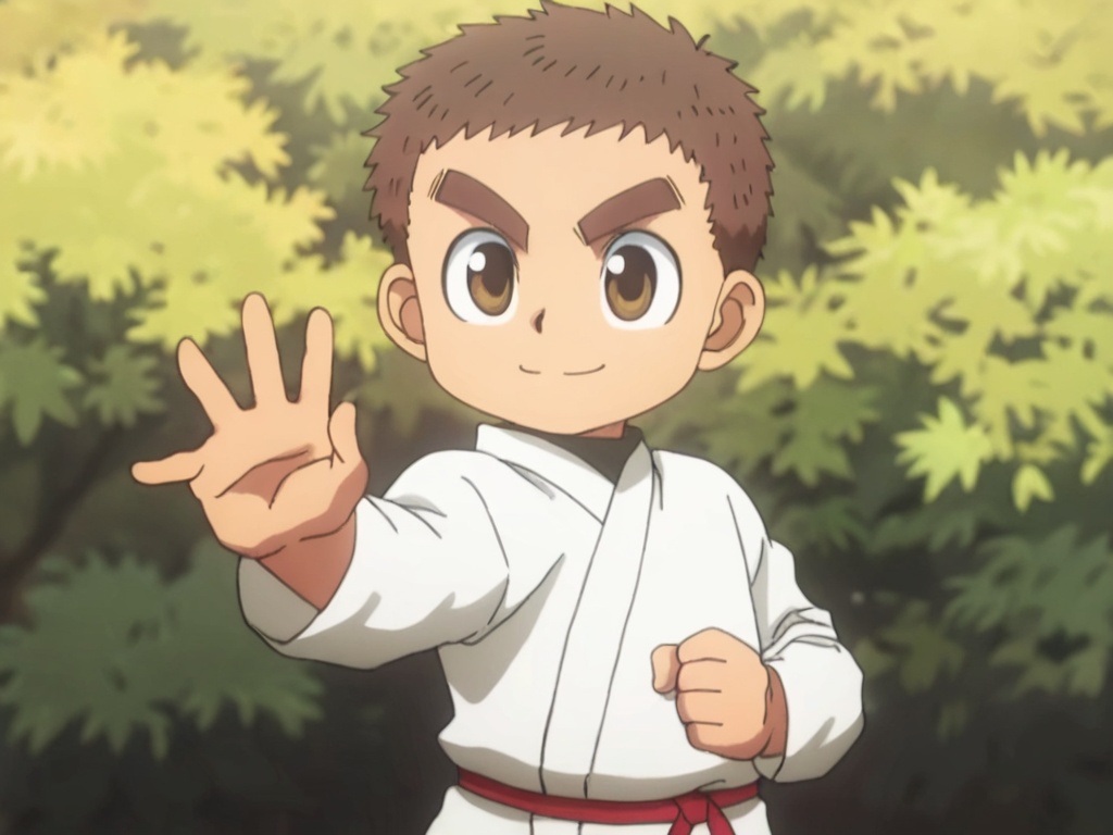 <lora:Zushi_XL:1>,zushi,masterpiece,best detail,best quality,outdoors,in autumn,1boy,solo,toddler,petite,thick eyebrow,(very short hair:1.1),brown eyes,big_eyes,correct eyes,(perfect hands,5fingers:1.6),white dobok,black lining,correct anatomy,smile,fighting stance,(full_shot:1.6),available light,incredibly absurdres,