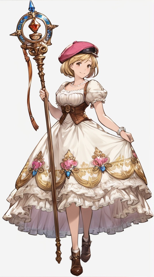 (best quality), ((masterpiece)), (highres), illustration, original, extremely detailed, <lora:JTのGame Character XL:0.7>1girl, solo, blonde hair, short hair, djeeta \(granblue fantasy\), hat, full body, brown eyes, staff, white background, simple background, smile, dress, holding