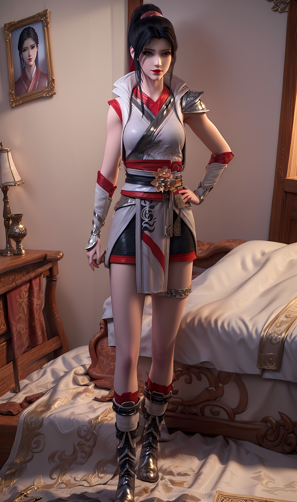 3D,masterpiece,(best quality),(makeup),official art, extremely detailed cg 8k wallpaper,((crystalstexture skin)), (extremely delicate and beautiful),(highly detailed),(face),(ponytail),(collar),(1girl), (solo), (jewelry), (earrings),(black_hair),(long_hair),(hair_ornament),(handwear),(wristband),(breast),((standing)),((full_body,whole_body)),(dress),(shorts_under_skirt),(chinese_clothes),(multicolored_clothes),(multicolored_dress),,(shiny_clothes),(long_legs),(sash),(armored_dress),(thigh_Ring),(closed_mouth),(room,bed),((looking_at_viewer)),((Facing the camera)),(boots),(Bandaged_boots),, <lora:hipoly3DModelLora_v10:0.3>