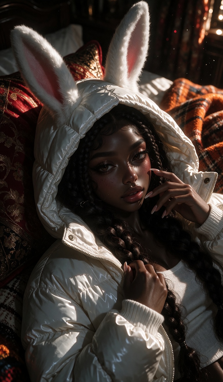 A young woman with dark skin and long braided hair lies on her back under a thick white puffer jacket,  her face framed by...