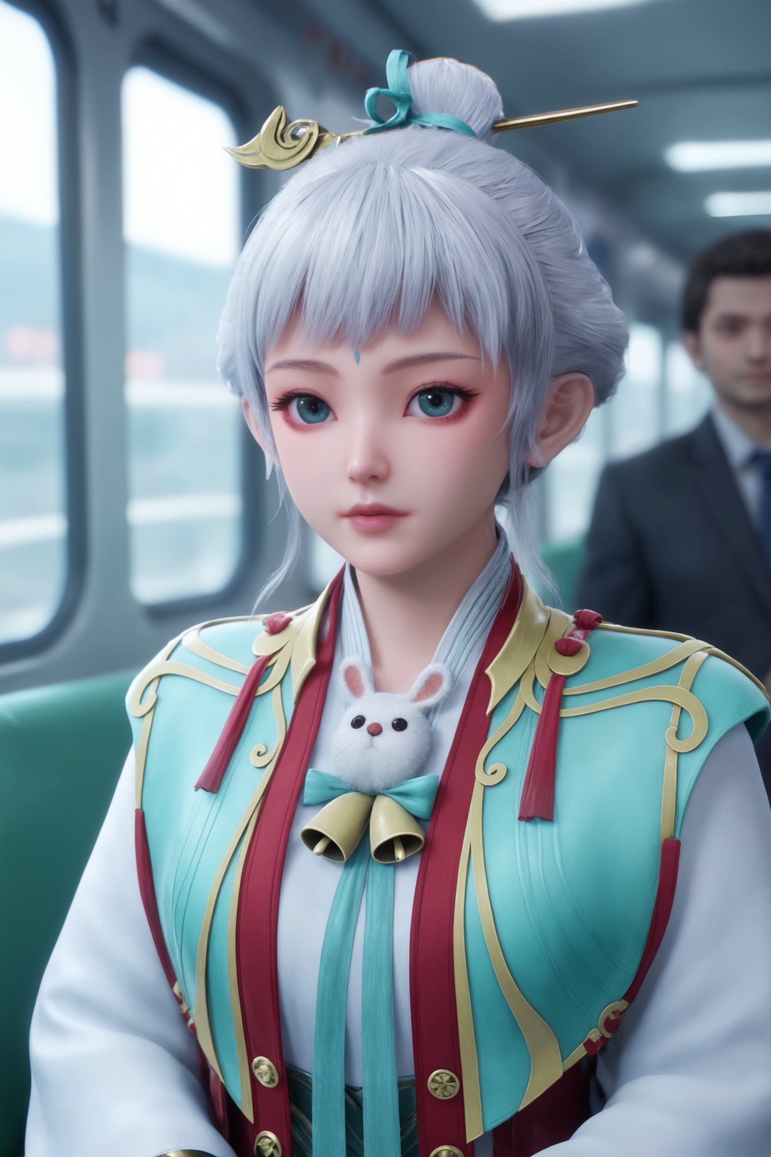 solo,1girl,fair_skin,white_skin,shiny_skin,Ivory_skin,solo focus,(perfect_face:1.2),(perfect_anatomy:1.1),(upper_body:1.2),(portrait:1.1),large breasts,sitting,(train_interior:1.1),(blurry_background:1.2),score_9,<lora:师兄-玉兔Pony:0.7>,white hair,high bun,hairpin,a traditional white with teal and gold accents outfit,high collar,intricate embroidery,
