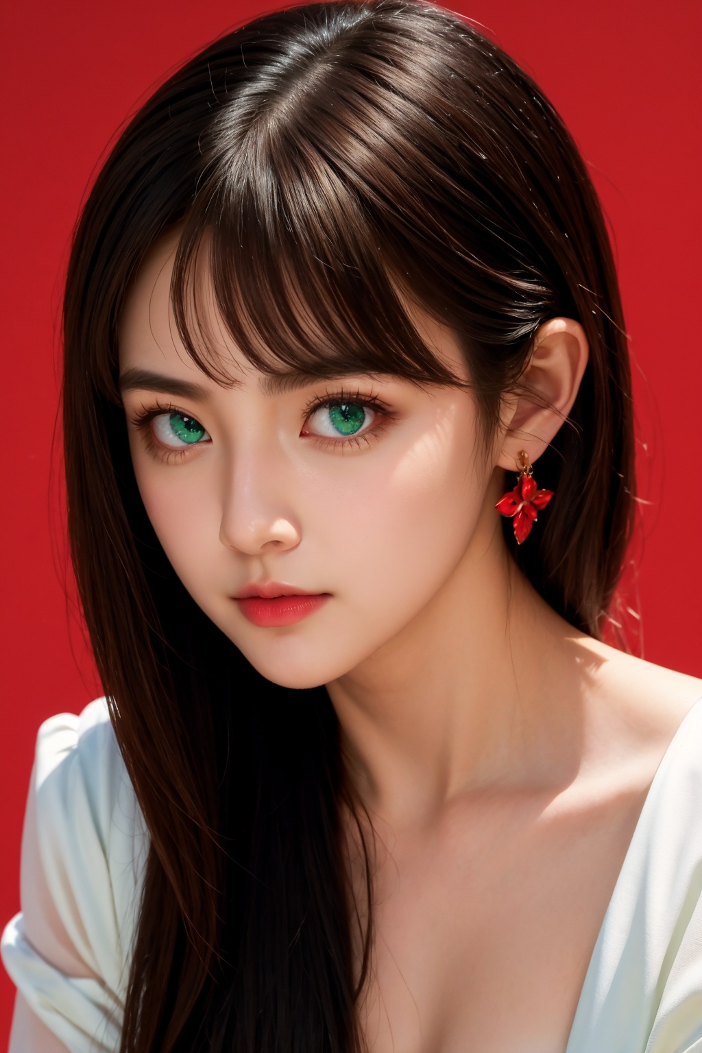 <lora:AgainEyes:1.75>,1girl,black hair,portrait,(white dress:1.2),green eyes,shining eyes,(red simple background:1.3),