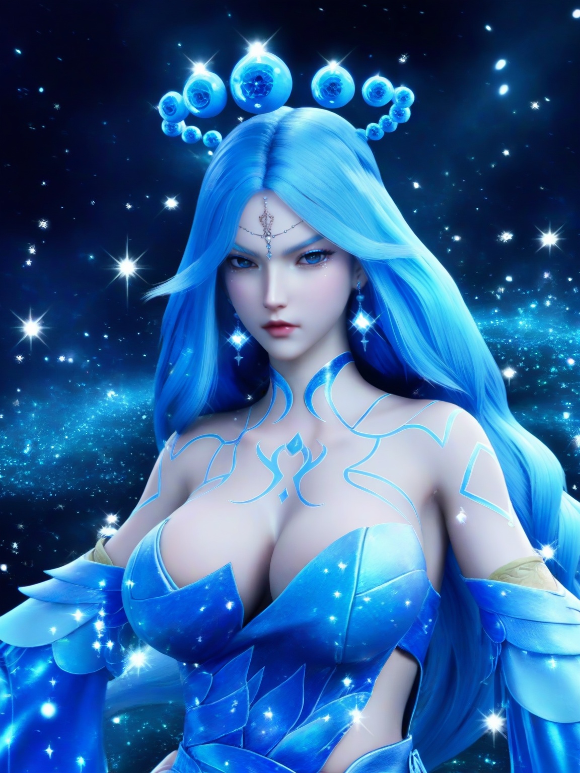 score_9,1girl,solo,dress,long hair,standing,forehead mark,forehead jewel,earrings,hair ornament,blue hair,detached sleeves,large breasts,sparkle,cleavage,standing,upper body,lipstick,looking at viewer,<lora:SF_LiShaoYing_Pony_Realism2.3-000004:0.7>,