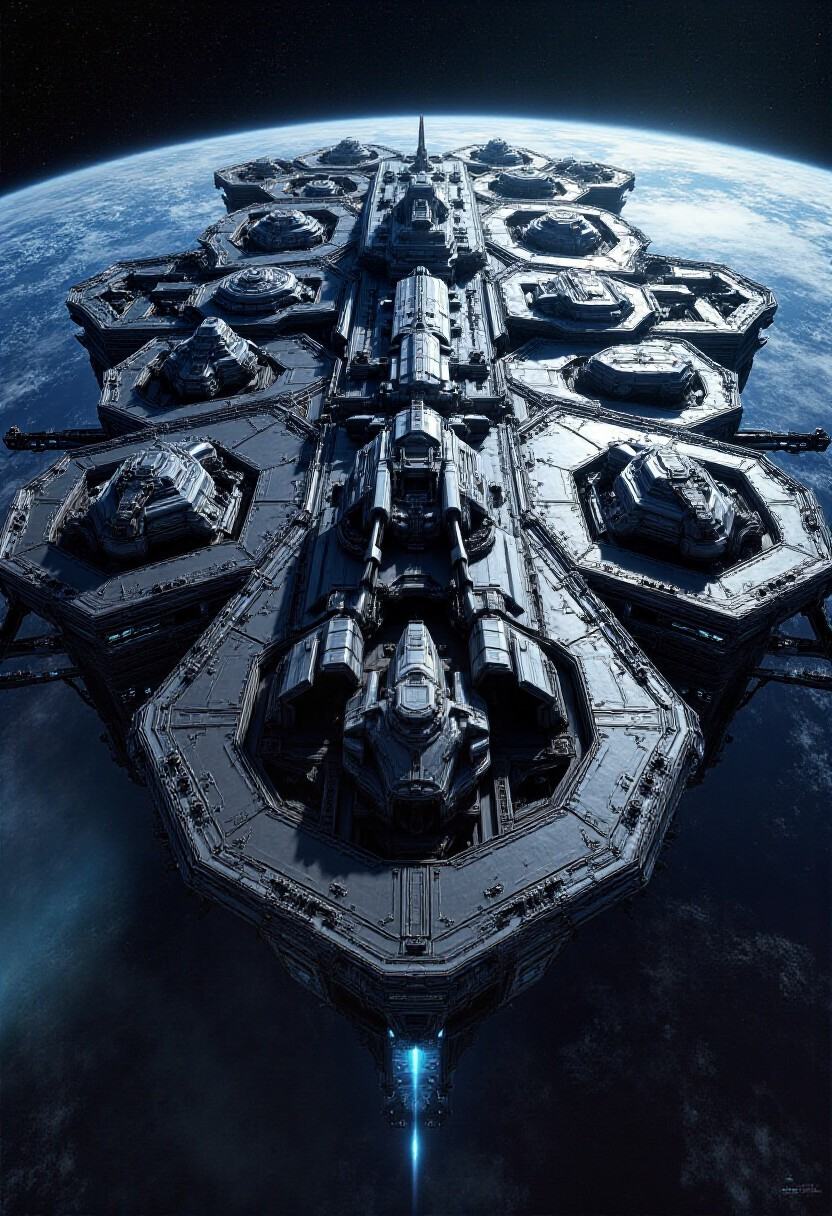 A grand panoramic view of the peripheral orbital space dock of starcity_alpha. Multiple hexagonal docking bays hold variou...
