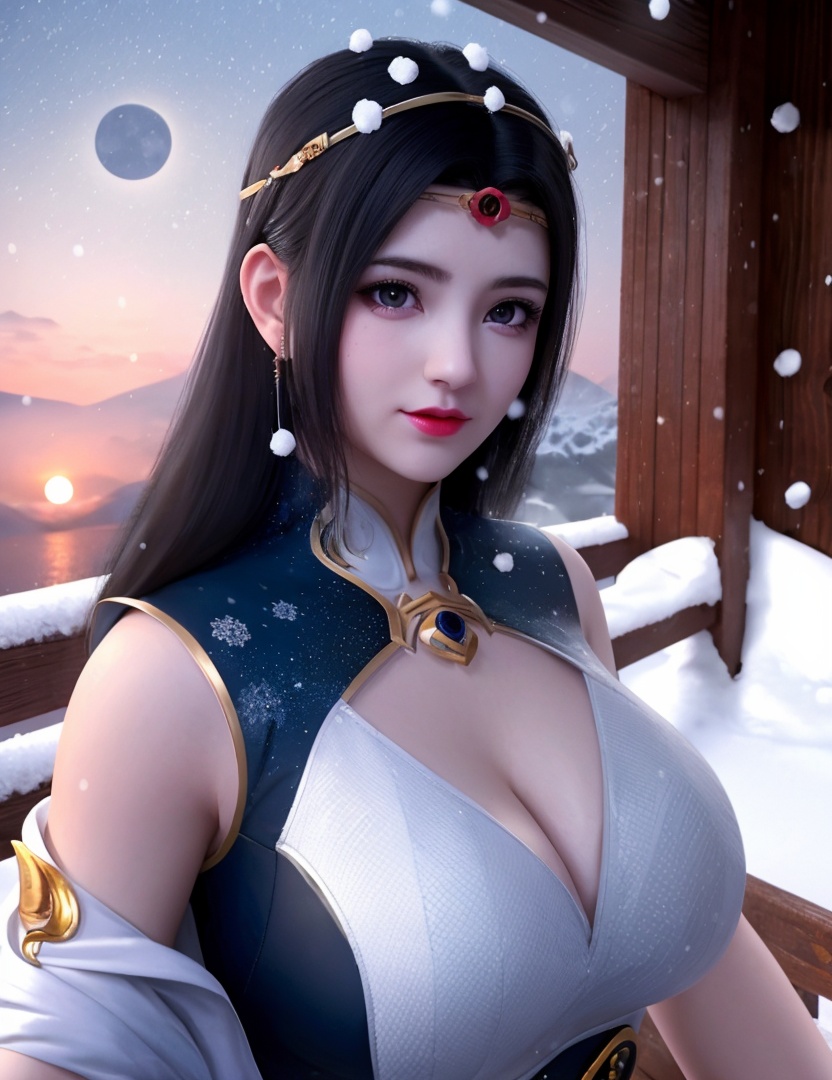 <lora:524-DA-大主宰-苏宣儿:0.8>(,1girl, ,best quality, ),looking at viewer,masterpiece, (( , )),, realistic,science fiction,mole, ultra realistic 8k cg, ,      ,outdoors, snow, snowing, snow on head, sun,sunset,sunlight,moonlight,full moon, red moon,  crescent moon,  crescent rose,  black rose,       (cleavage), (),