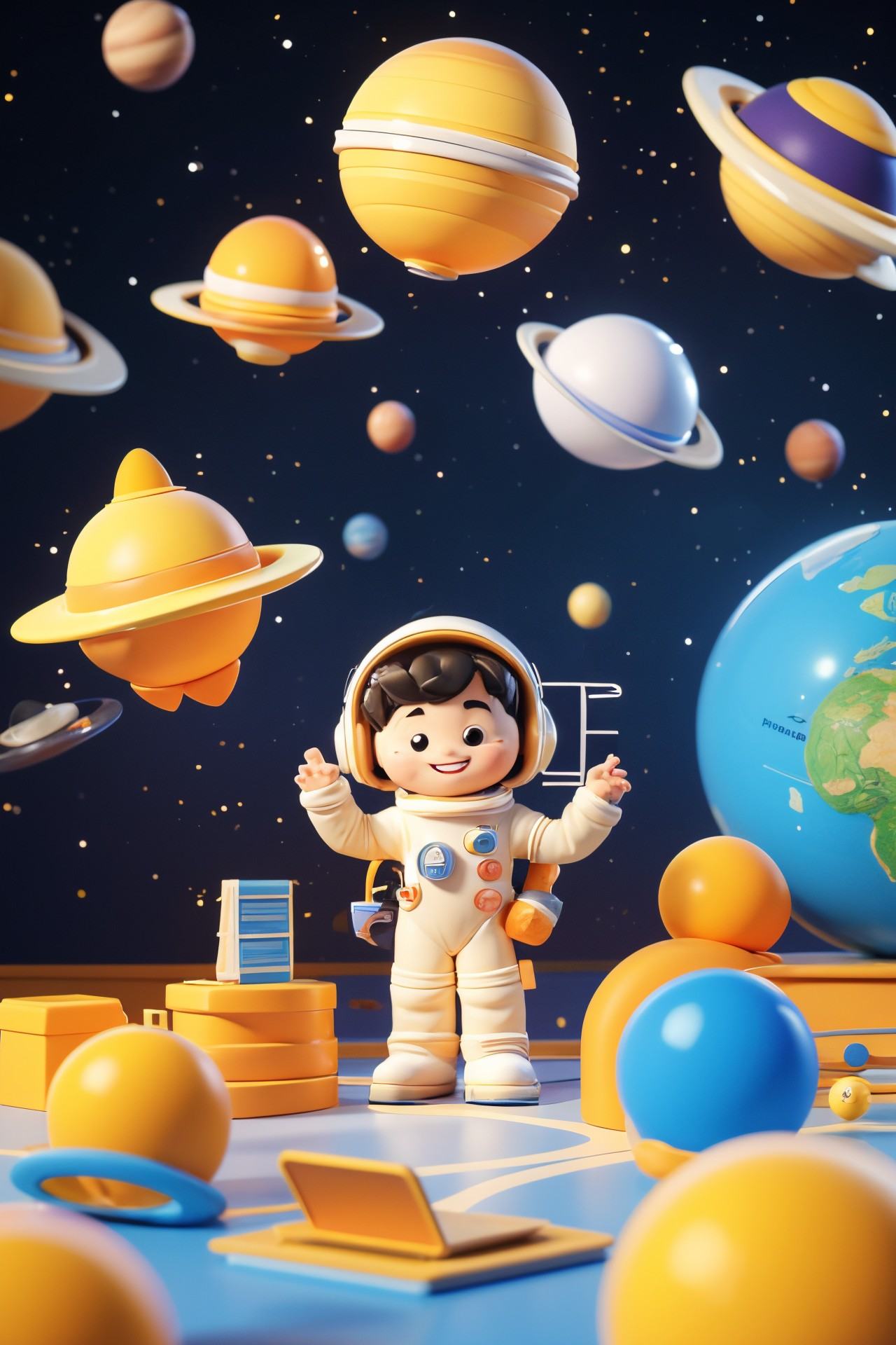 "3D style, Q version cute scene of a boy dressed as an astronaut standing at the front of a classroom. The classroom has been transformed into a mini space station with floating planets, stars, and spacecraft models hanging from the ceiling. The background includes a chalkboard with drawings of the solar system and a few enthusiastic students watching the boy, creating a fun and educational atmosphere."