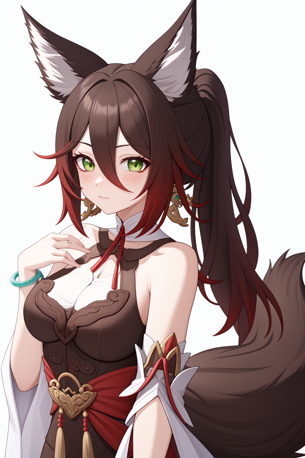 <lora:停云:1>, tingyun,animal ears,green eyes,breasts,brown hair,tail,hair between eyes,fox ears,jewelry,animal ear fluff,ponytail,long hair,fox tail,bracelet,, 1girl,,  (masterpiece,best quality:1.2),absurdres