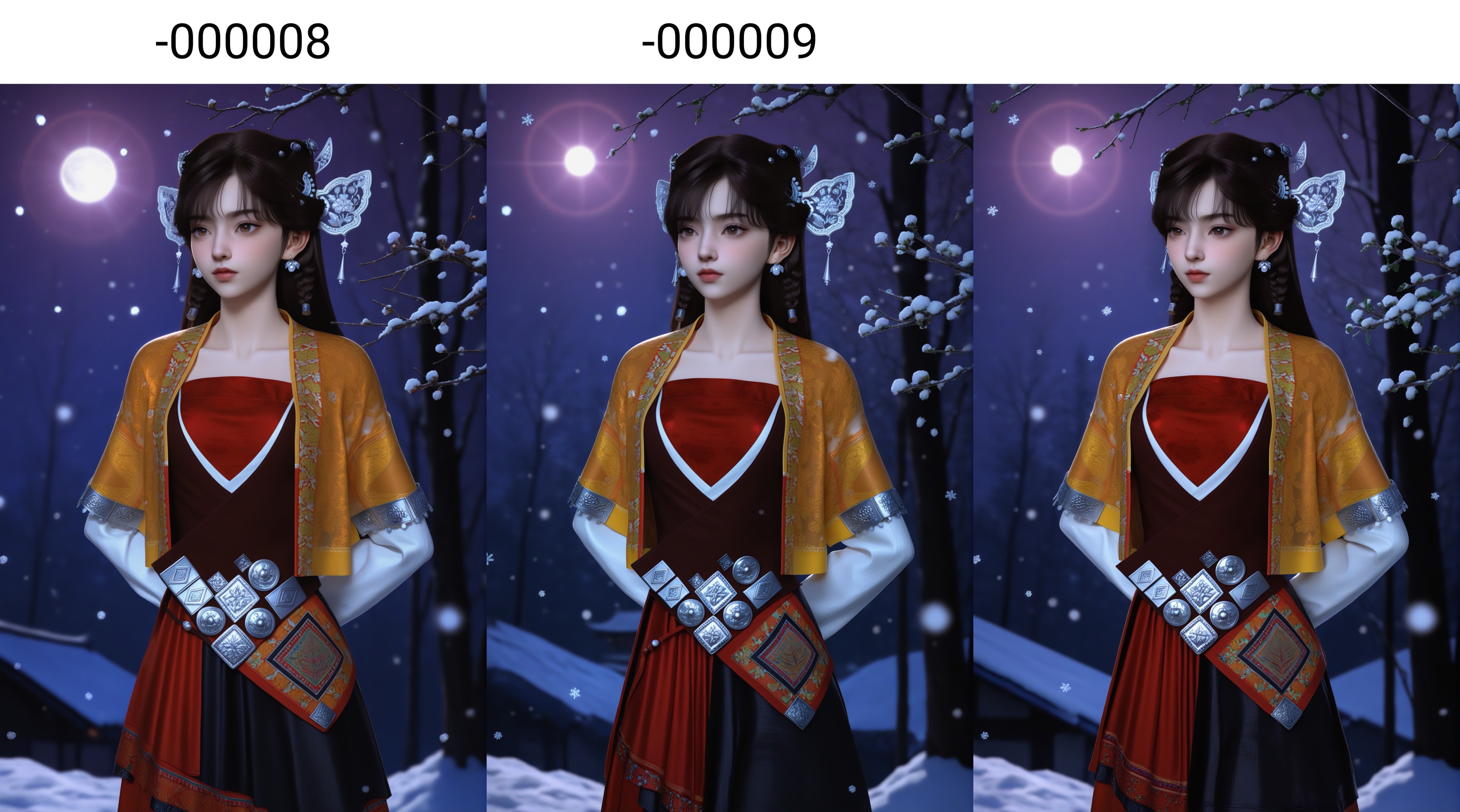 masterpiece,best quality,absurdres,highres,<lora:雪见-ill-000008:0.85>,1girl,solo,dangling tassels,filigree design,butterfly-shaped hairpiece,silver hairpins,hair ornament,dark brown hair,pearl beads,pearl earrings,twin braids,long hair,light blush,brown eyes, layered_dress,short jacket,red tube top,puffed sleeves,white inner sleeves,waist belt,embroidered cuffs,red skirt,traditional chinese footwear,standing,(pleated skirt),XueJian,black skirt,red long_skirt,black short_skirt,collarbone,thighs,(arms_behind_back),front view,BREAK(white_skin:1.1),(fair_skin:1.1),realistic,twig,branch,falling petals,snow,snowing,snowflakes,simple background,black background,rim light,Volumetric Lighting,lens flare,Tyndall effect,depth of field,bokeh,sparkle,moon,star \(sky\),purple sky,