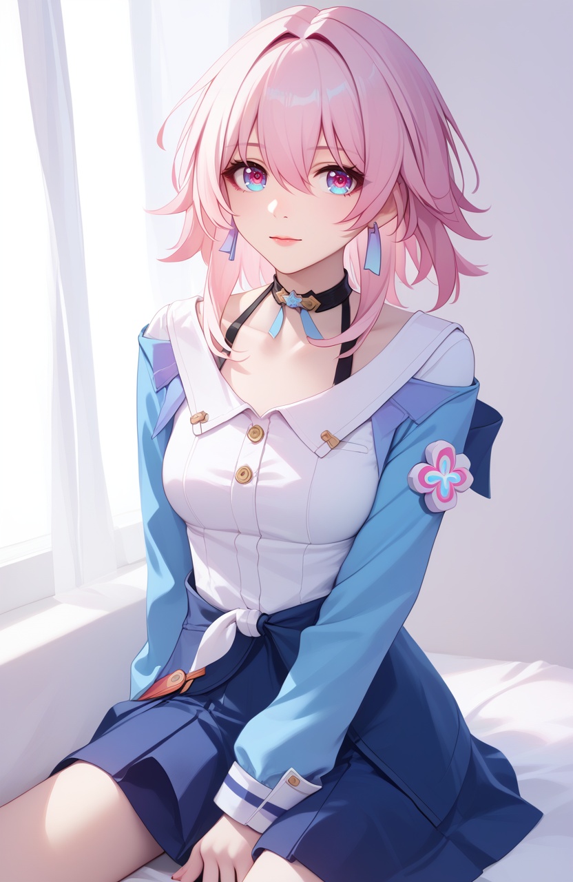 <lora:三月七4pony:1.0>,march 7th (honkai: star rail),a girl named march 7th (honkai: star rail),1girl,solo,looking at viewer,long sleeves,white shirt,black choker,blue jacket,tied jacket,single earring,flower ornament,blue skirt,black corset,collarbone,detailed eyes,multicolored eyes,, (score_9,score_8_up,score_7_up),(masterpiece,best quality,high quality:1.2),absurdres, 4k, uncensored, prefect lighting, rating_explicit, very aesthetic, anime BREAK