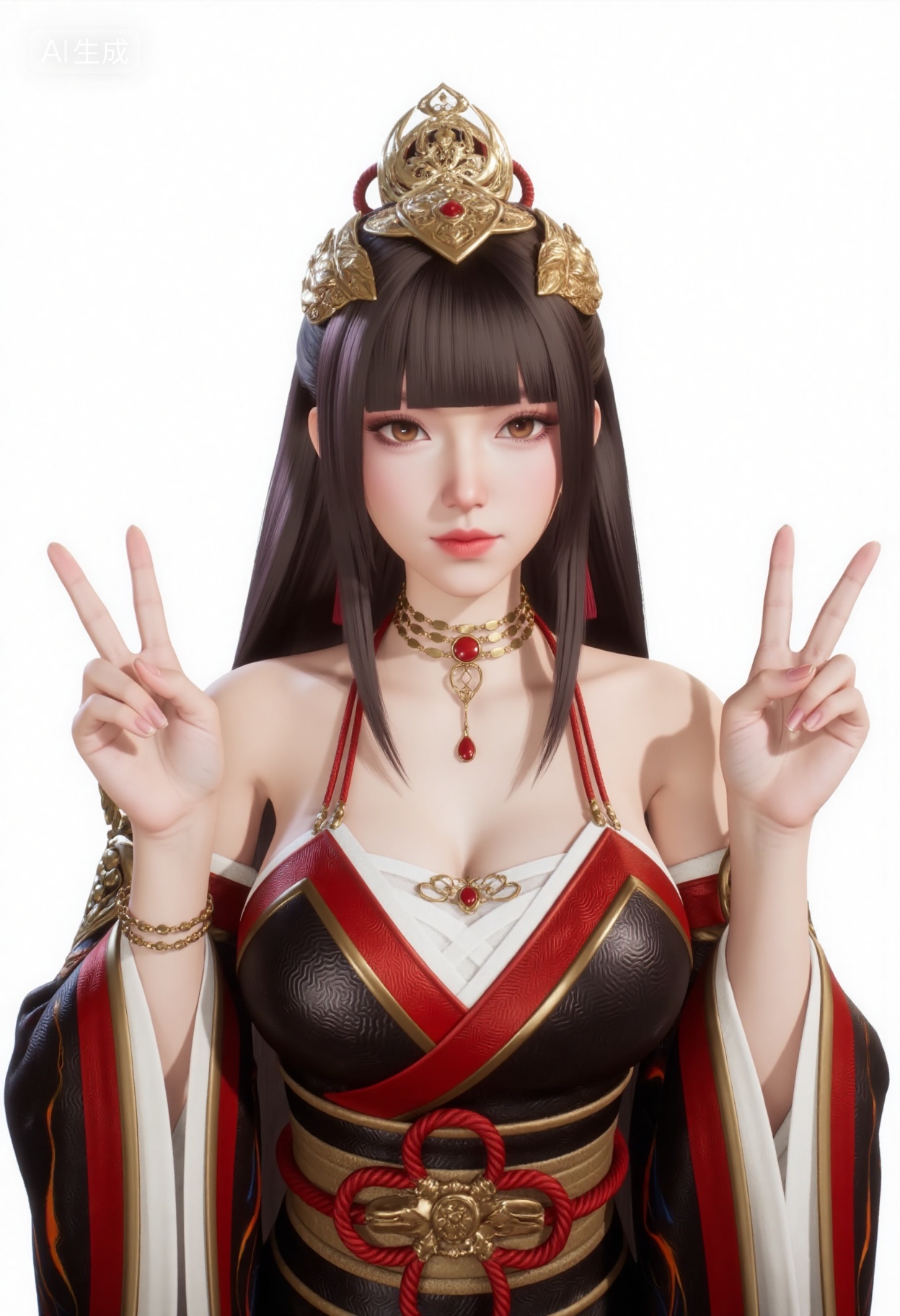 mimi,(You Yi Han:1.2),upper-body view,mimi,looking at viewer,front view,, long straight dark brown hair with bangs styled with an ornate golden crown and a red rope tied at the back,warm amber eyes,golden choker with red gemstone,matching dangling earrings with crimson tassels,off-shoulder fantasy robe in black and deep red with gold trim,layered white undergarment,ornate golden shoulder guards with dragon-scale patterns and embedded red gems,wide flowing sleeves with red and gold accents,black fabric with subtle wave patterns accented with swirling flame-like designs in orange and blue,, making a "V" sign with both hands raised near shoulders,plain white background,studio lighting,sharp focus,, Negative prompt: ng_deepnegative_v1_75t,(badhandv4:1.2),EasyNegative,(worst quality:2),,nsfw, Steps: 30, Sampler: Euler, CFG scale: 3.5, Seed: 3256254518, Size: 832x1216, Model hash: 0734f0ab2a, Model: F.1 模型下载版-黑暗森林工作室_fp16.sft, Denoising strength: 0.4, RNG: CPU, Lora 1: 20251022-1761149905385-0009, Lora Hash 1: 7952598d18, Lora Weight 1: 0.75, Lora 2: 金宝-F.1-妆容.美颜.磨皮。三合一, Lora Hash 2: 9fa9e2a424, Lora Weight 2: 0.3, Lora 3: 去油光真实皮肤人像, Lora Hash 3: cac268c67e, Lora Weight 3: 0.2, vae_name: automatic, Hires resize: 1248x1824, Hires steps: 30, Hires upscaler: 4x-UltraSharp