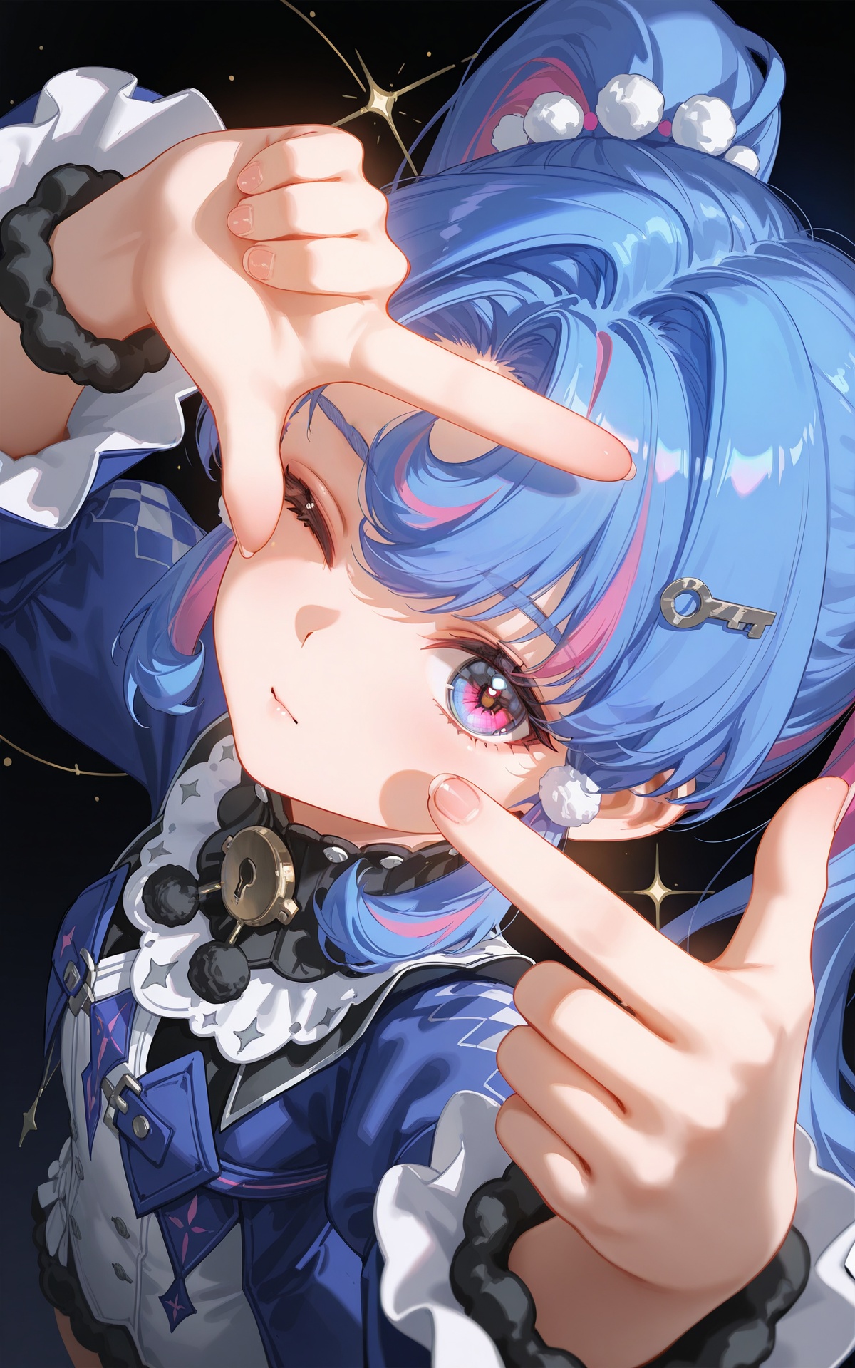 8k,best quality,masterpiece,(ultra-detailed),(high detailed skin),((artist:reoen),(artist:fuzichoco),(artist:atdan),(artist:torino_aqua),year 2024:0.8),[artist:wlop],[artist:ningen_mame],artist:ciloranko,[[artist:rhasta]],artist:tidsean,colorful,<lora:xl-ill-roccia_(wuthering_waves)_v1-000010:0.8>,roccia\(wuthering waves\),1girl,solo,blue hair,twintails,multicolored hair,heterochromia,37_reverse:1999,looking at viewer,finger frame over eye,finger gun,finger_frame,eye focus,hands up,artist:yoneyama mai,artist:ciloranko,artist:sho sho lwlw,from above,from side,perspective,foreshortening,black background,close-up,sparkle,one eye closed,rating:general,best quality,very aesthetic,absurdre,
