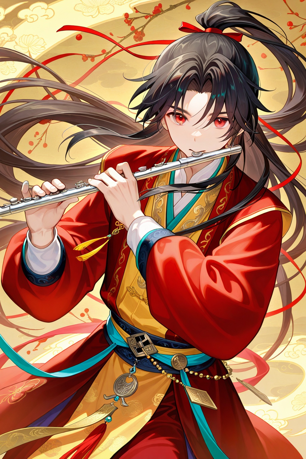 1boy, solo, male focus, holding, looking at viewer, holding weapon, holding instrument, red eyes, long hair, black hair, hair ribbon, ponytail, chinese clothes, long sleeves, ribbon, red ribbon, weapon, instrument, sword, playing instrument, flute, hanfu