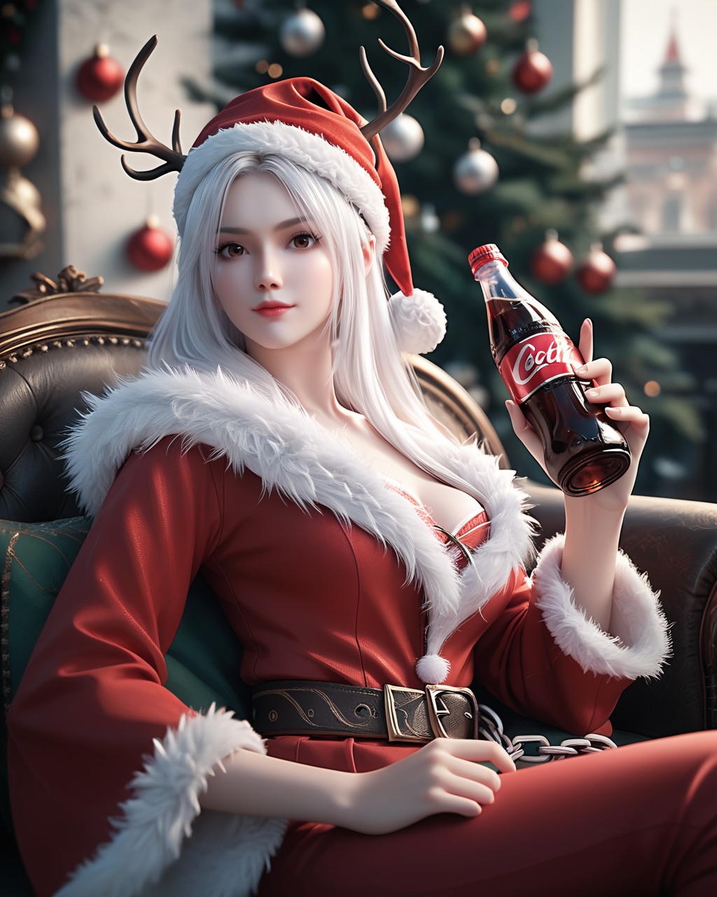 1girl,solo,white hair,brown eyes,breast,medium breast,<lora:wy_xiaoyixian_wdzh_XL2.1:0.8>,hat,santa hat,christmas,solo,holding,santa costume,bottle,white hair,sitting,looking at viewer,holding bottle,blurry,mustache,realistic,belt,antlers,fur trim,long sleeves,coca-cola,red headwear,blurry background,chain,red pants,, score_9,score_8_up,score_7_up,score_6_up,score_5_up,score_4_up,