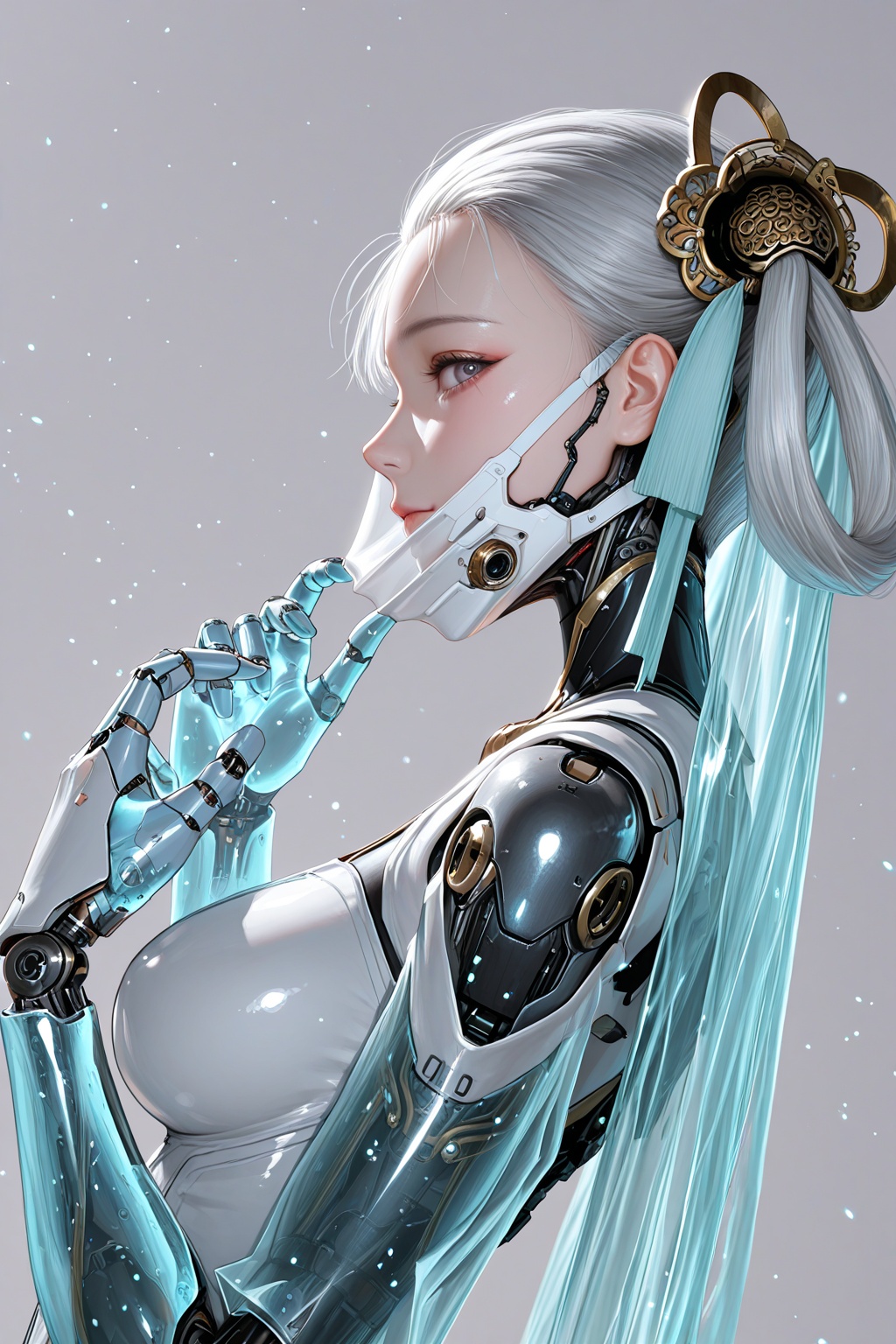 3d,(artist:kidmo:0.8),jinhsi (wuthering waves),masterpiece,best quality,amazing quality,very aesthetic,absurdres,newest,extreme aesthetic,in the style of fashion photography,light particles,cinematic lighting,Visual impact,sharp focus,Emotionalization,depth of field,dutch angle,scenery,1girl,solo,long hair,closed mouth,medium breasts,armor,eyelashes,profile,mask,forehead,science fiction,mouth mask,sideways glance,android,hair slicked back,cyborg,robot joints,mechanical parts,cyberpunk,looking at viewer,upper body,from side,simple background,white background,translucent skin,mechanical structure,hands_up,