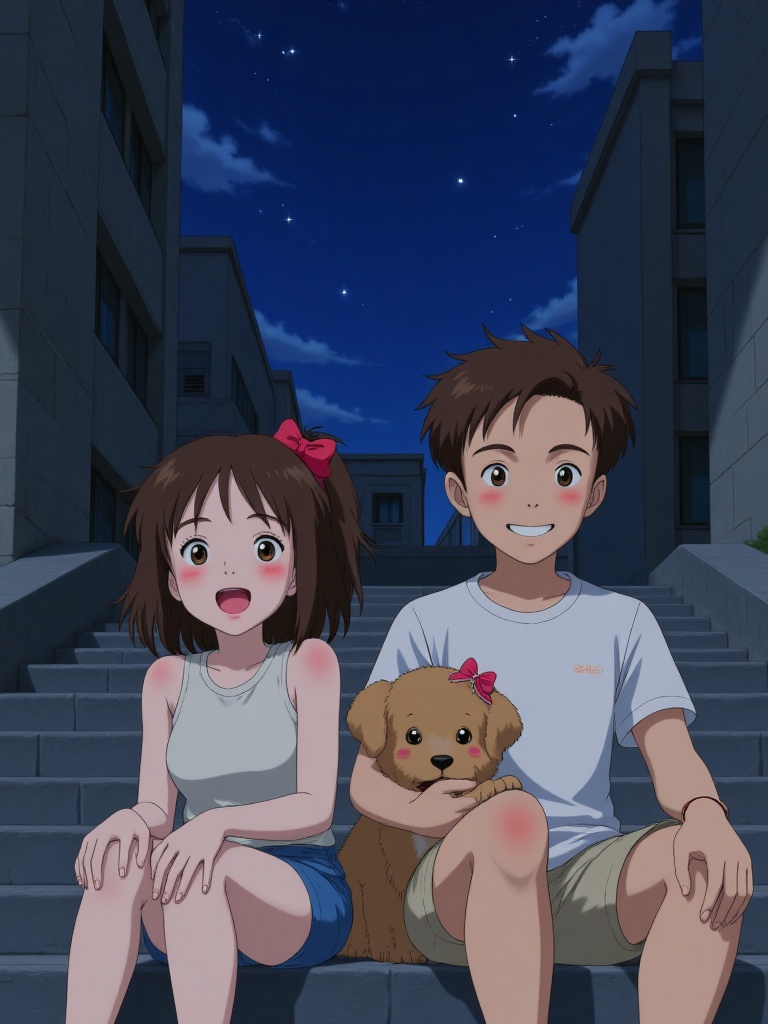 cpppppi, brown eyes, open mouth, dog, stairs, brown hair, sfw, :d, animal, smile, blush stickers, hair bow, night, short hair, 1girl, bow, sky, 1boy, night sky, looking at viewer, long sleeves, :), collar, star (sky), 2boys, outdoors, animal collar, bare shoulders, short sleeves, original, red bow, night sky, sitting, multiple boys, short pants, dog collar, hair_ribbon, ribbon