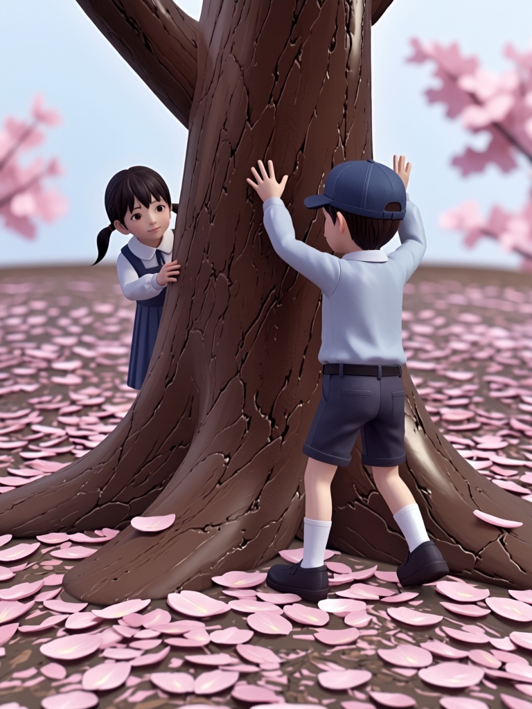 This 3D anime-style artwork depicts two children playing hide-and-seek around a large tree trunk in a bright outdoor setti...