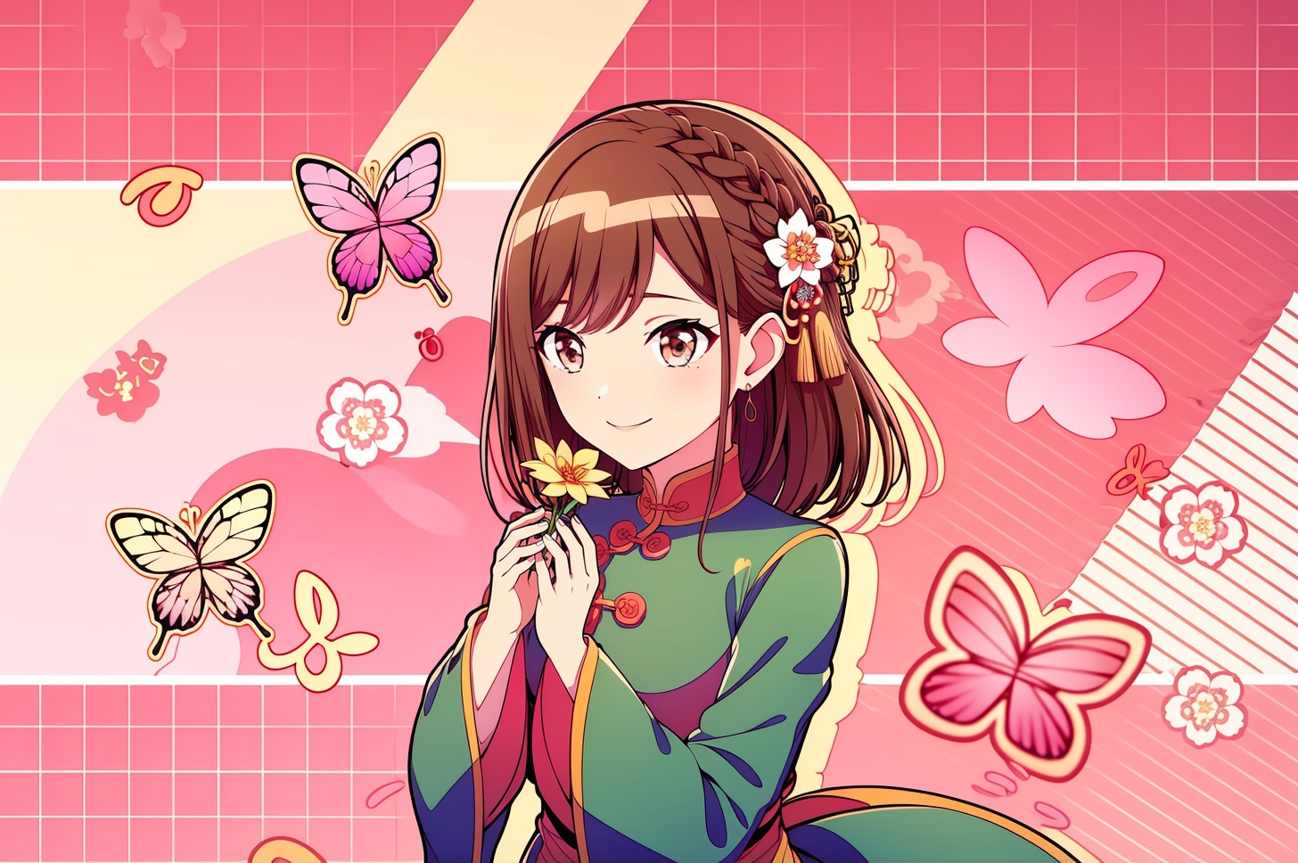 masterpiece,best quality,ultra-detailed,<lora:这应该是个壁纸Lora:1.1>,blurry,1girl,solo,brown hair,hair ornament,dress,bug,long sleeves,black hair,wide sleeves,chinese clothes,flower,upper body,butterfly1girl,solo,brown hair,hair ornament,dress,bug,long sleeves,black hair,wide sleeves,chinese clothes,flower,upper body,butterfly,