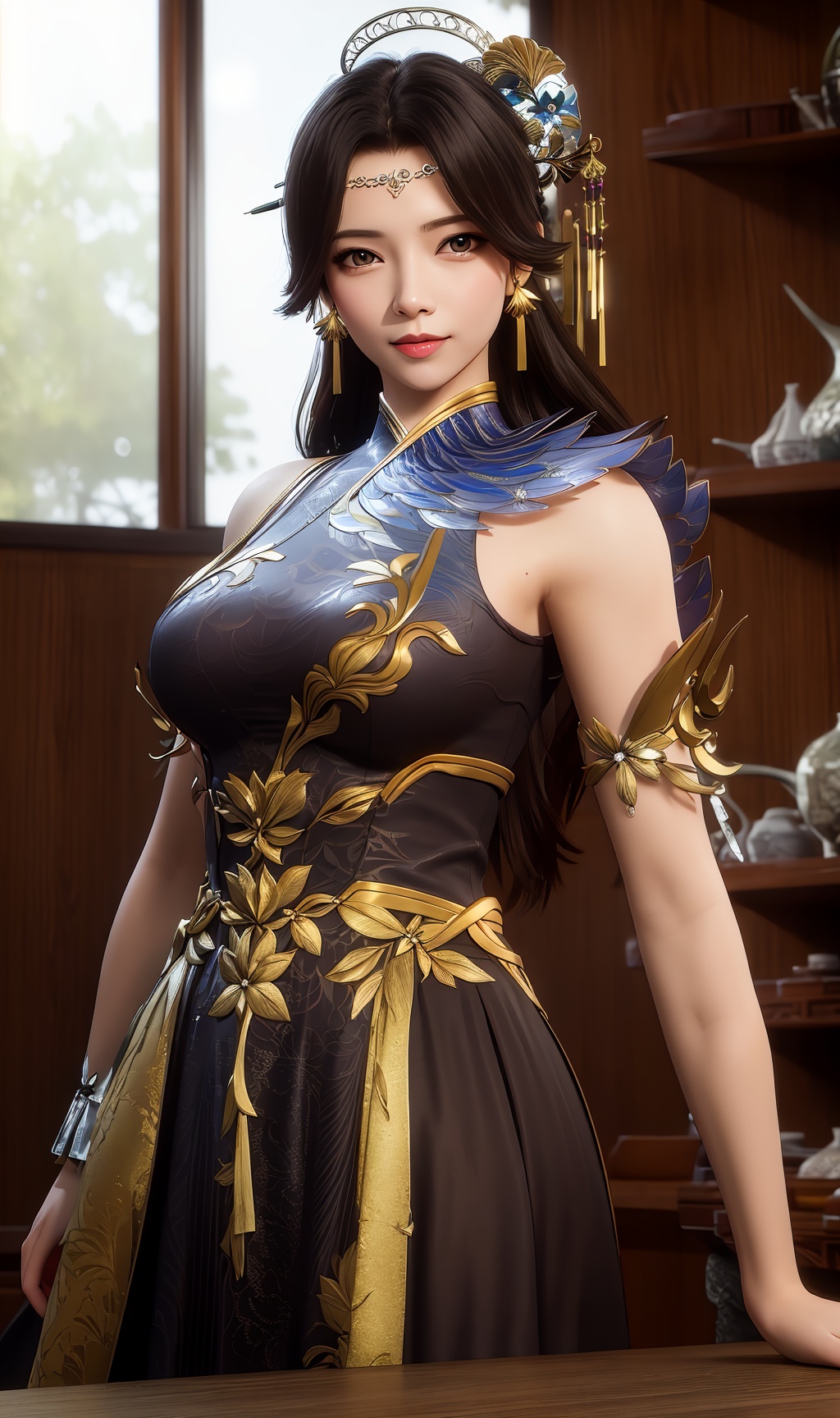 masterpiece,(best quality),3d,official art, extremely detailed cg 8k wallpaper,((crystalstexture skin)), (extremely delicate and beautiful),highly detailed,1girl,solo,long hair,headwear,(standing),(black_hair),((dress,skirt)),, (chinese_clothes),((upper body)),sweet smile, (medium breasts),((hair_ornament)),(sunshine, indoor,(bed)),((looking_at_viewer)),((Facing the camera)),, <lora:hipoly3DModelLora_v10:0.3>