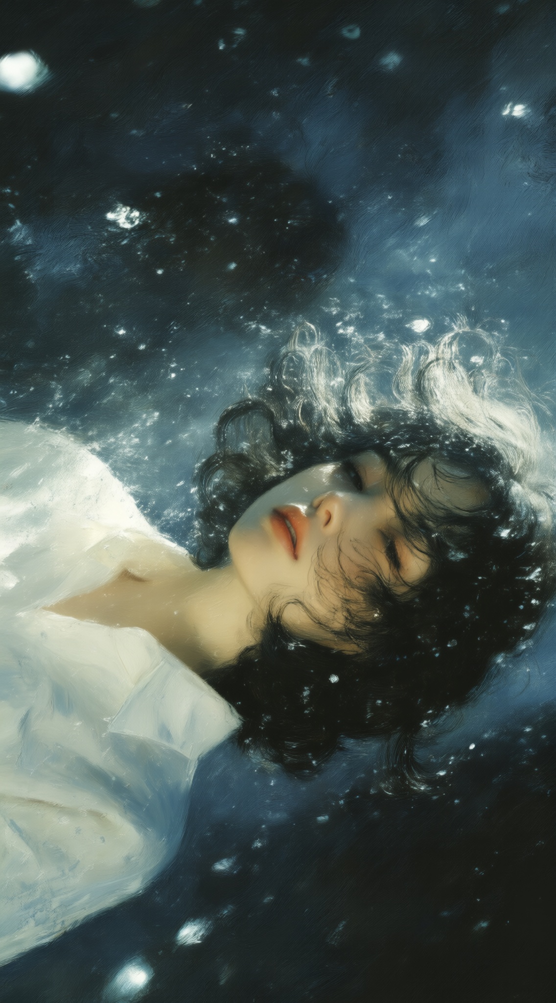 a digital illustration shoot from a portrait camera angle about a portrait of a woman with a dreamy expression,floating in the air with water splashing around her,the image also shows a serene and ethereal atmosphere,on the middle of the image,a woman appears to be in her early twenties,with short,wavy black hair and a calm expression,she is facing the viewer with her eyes closed,and her lips are slightly parted,she has a slim body and is wearing a white shirt that is slightly open,revealing her upper body,the background is a dark,textured surface with hints of blue and white,creating a sense of depth and atmosphere,the lighting is soft and diffused,casting gentle shadows on her face and body,, Negative prompt: ng_deepnegative_v1_75t,(badhandv4:1.2),EasyNegative,(worst quality:2),,nsfw, Steps: 30, Sampler: Euler, CFG scale: 4.0, Seed: 1872042387, Size: 1142x2048, Model hash: 9768b098f7, Model: ZOZ_千问大模型~超强泛化改良版_v1.0.safetensors, Denoising strength: 0, RNG: CPU, Lora 1: ZOZ, Lora Hash 1: aadbc953ae, Lora Weight 1: 0.8, vae_name: automatic