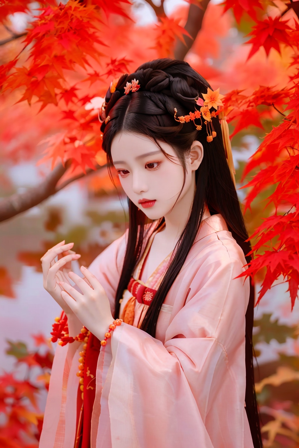 hanfu, maple leaf, 1girl, solo, black hair, long sleeves, jewelry, upper body, flower, bracelet, leaf, beads, branch, long hair, lips, realistic,   <lora:guzhuangfengye_v1:0.8>