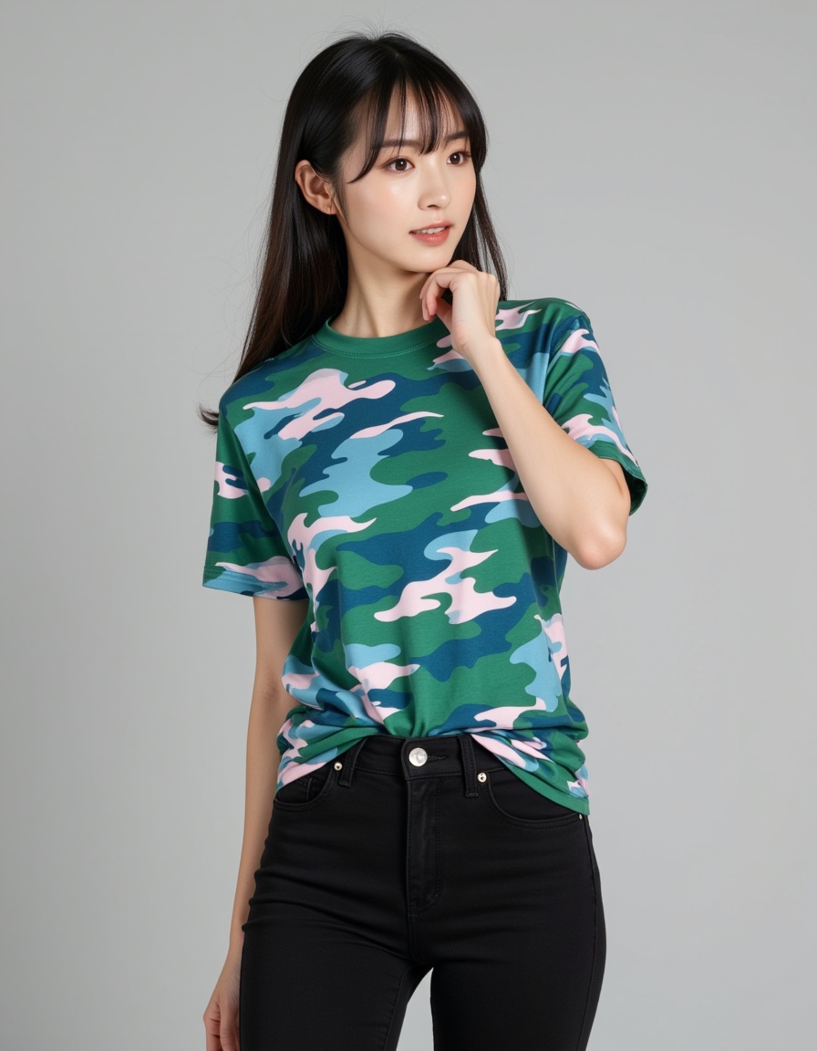 a real picture of a south korea woman,In Camouflage print t-shirt in vibrant shades of green,blue,and pink,Black skinny Jeans,