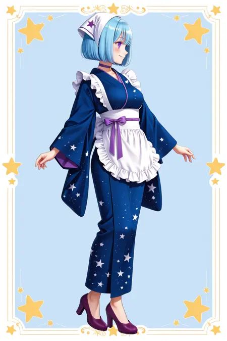 1girl,anime_coloring,apron,blue_hair,blue_kimono,blush,bob_cut,breasts,choker,closed_mouth,frilled_apron,frilled_kimono,frills,from_side,full_body,high_heels,houkiboshi_\(prima_doll\),japanese_clothes,kimono,long_sleeves,maid,medium_breasts,morikura_en,prima_doll_\(anime\),profile,purple_choker,purple_eyes,purple_shoes,shoes,short_hair,smile,solo,standing,star_\(symbol\),star_print,tenugui,wa_maid,waist_apron,white_apron,wide_sleeves