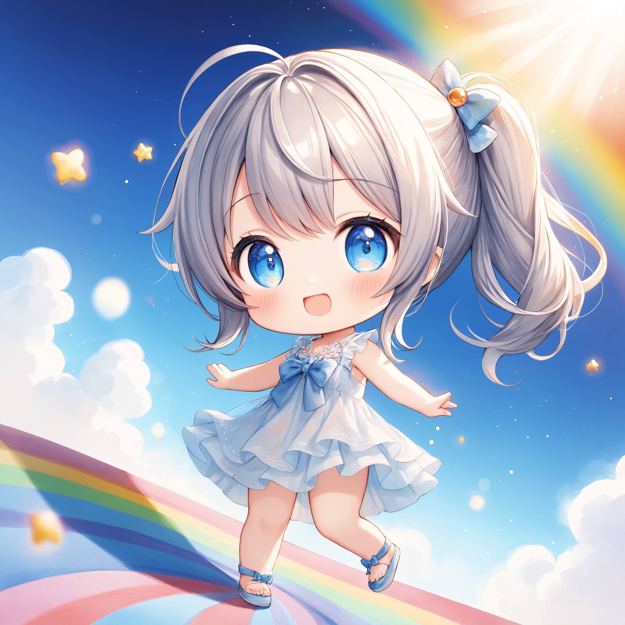 SceneDescription: - Composition: Full body shot. Cinematic angle. - Subject: A cute girl. Chibi. - Characteristics: - Face...