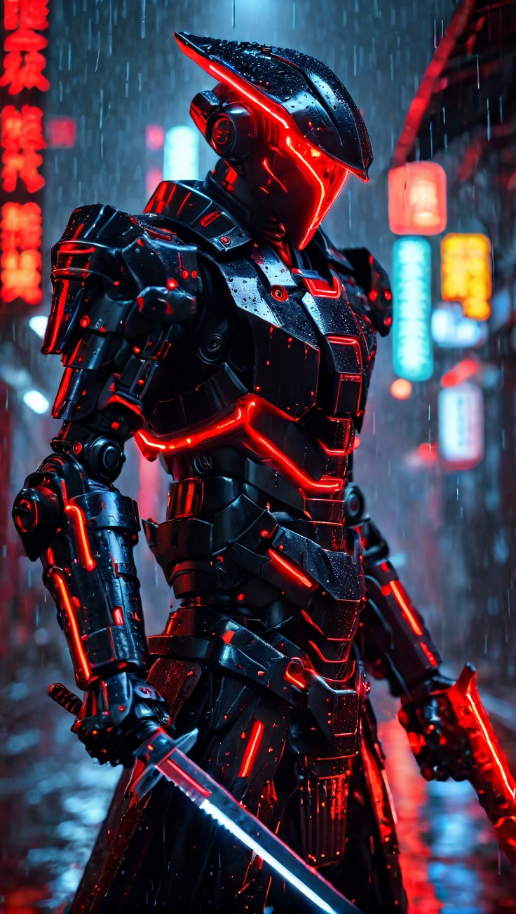 A mecha warrior,dressed in a mecha,mainly black and red,holding a long knife in his hand,with red neon lights,close-up of the whole body,dark night,rain,rich in detail,ultra-high resolution,32K UHD,best quality,masterpiece,