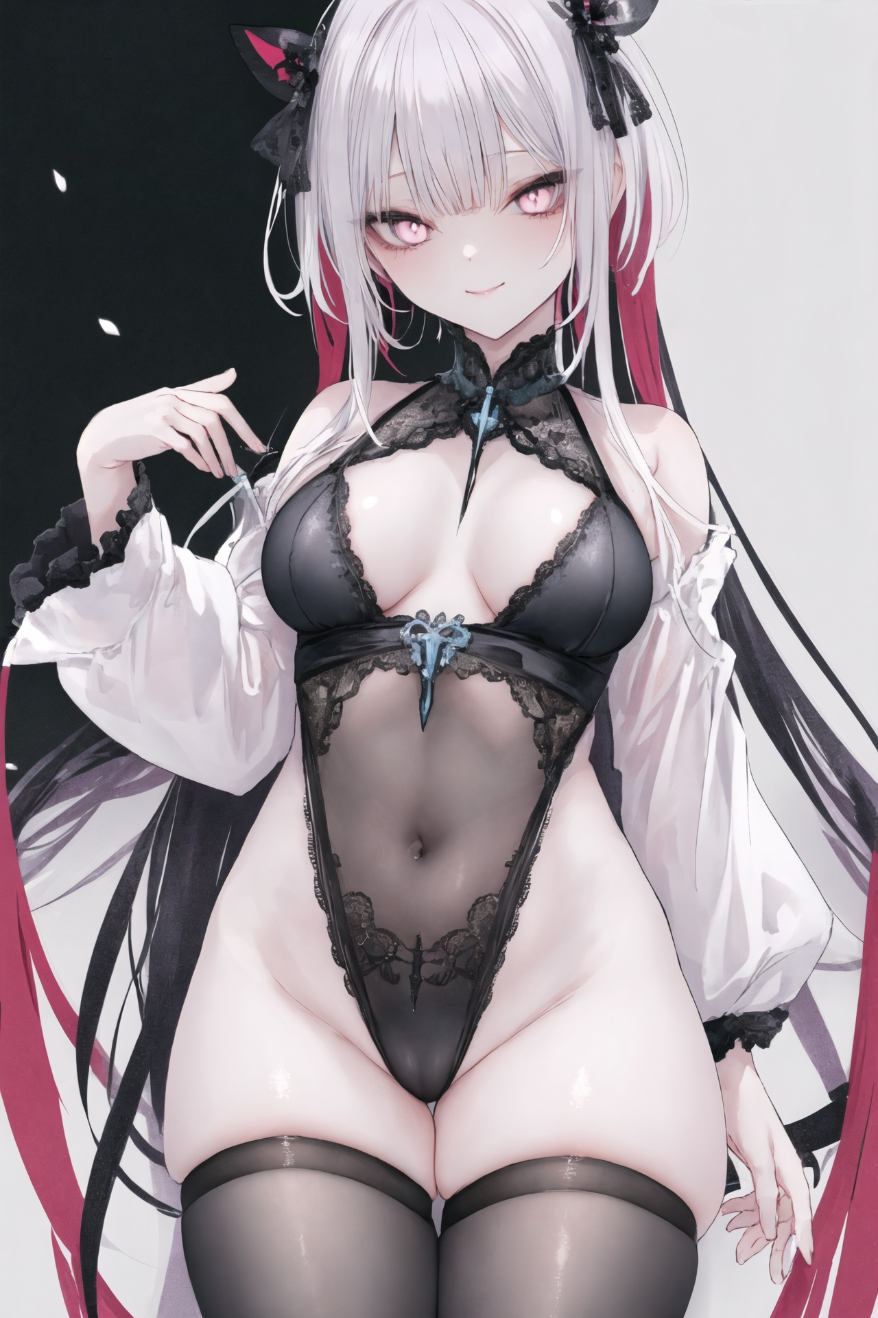 (masterpiece:1.2),best quality,PIXIV,1girl,solo,(facial focus),((multicolored hair, messy hair, bangs,sidelocks, payot, hair strand)),(Exhale, long hair),(flowers,flat color,lineart,abstract,ornate),(slit pupils, glowing eyes),(balck thighhighs,thighhighs),mesugaki,bishoujo,seductive_smile,big breasts,areola,unbuttoned clothes,<lora:grime2:0.6>,