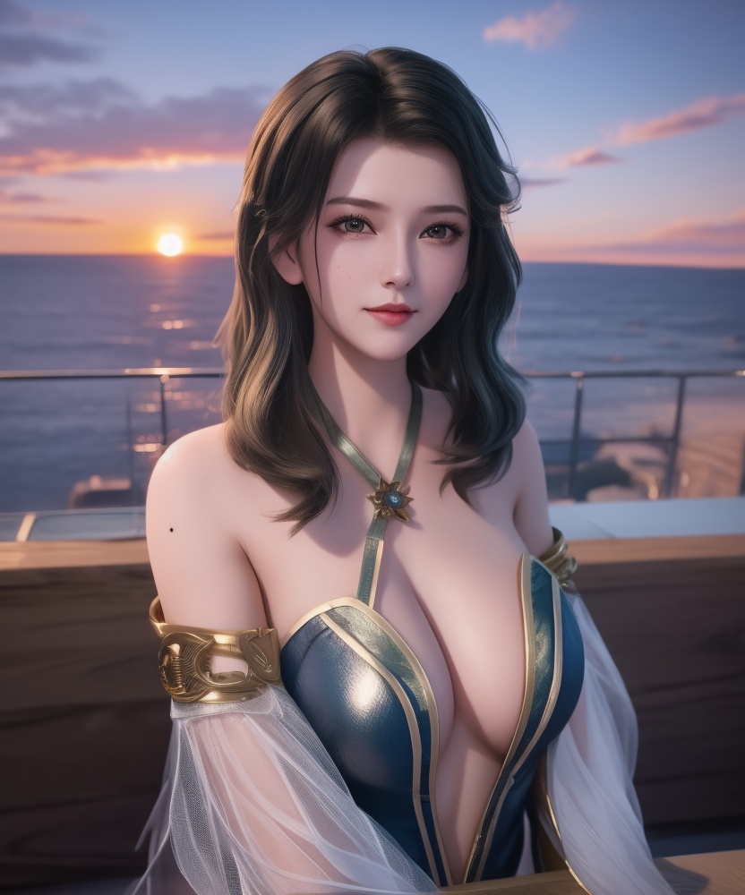 <lora:542-DA-万界至尊-青雉:0.8>(,1girl, ,best quality, ),looking at viewer,masterpiece, (( , )),, realistic,science fiction,mole, ultra realistic 8k cg, , sun,sunset, (cleavage), (),