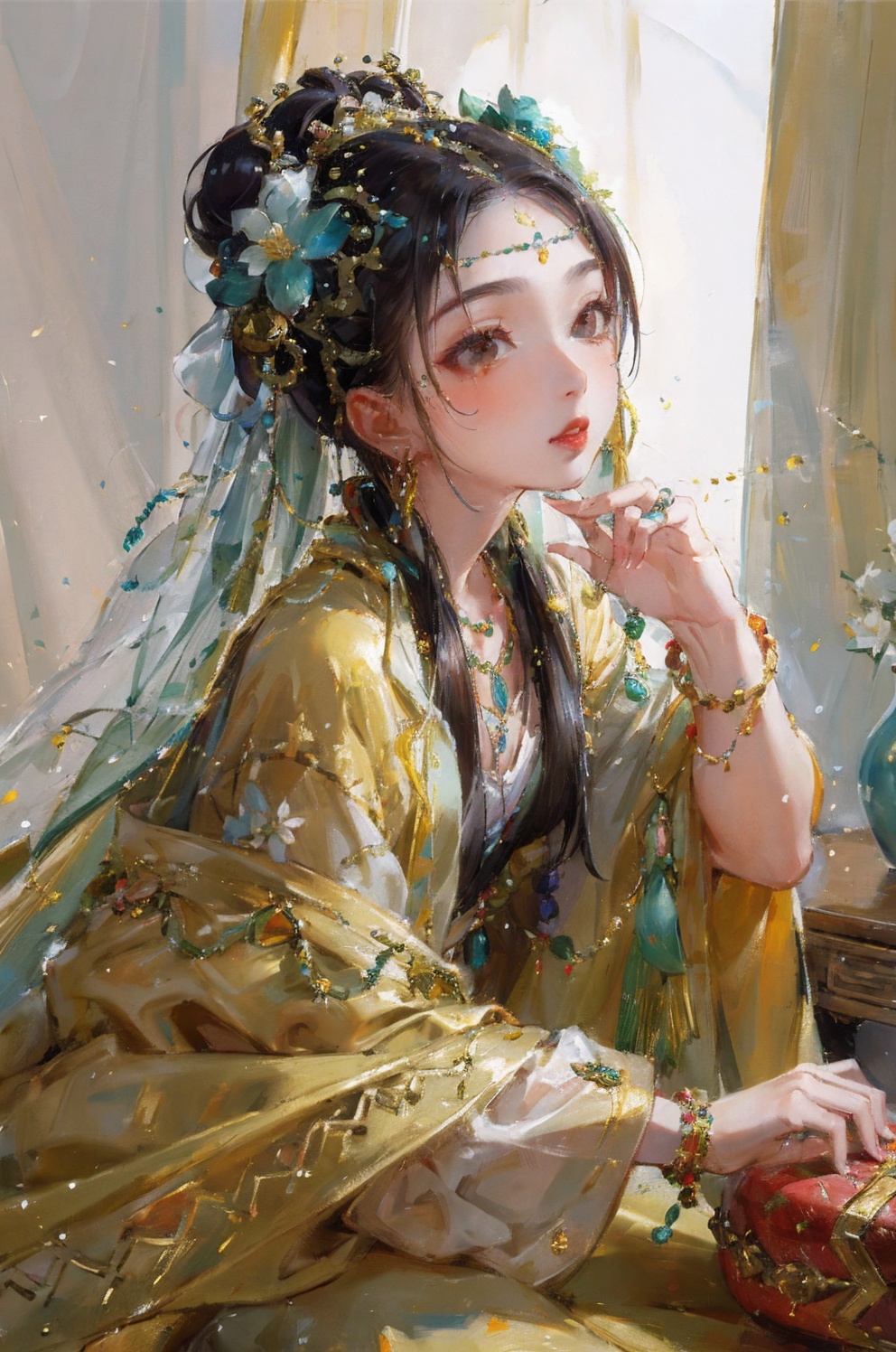 masterpiece,best quality,ultra-detailed,1girl,jewelry,hair ornament,solo,beads,dress,ring,long sleeves,shawl,chinese clothes,curtains,facial mark,hair flower,earrings,necklace,hair bun,forehead mark,bracelet,<lora:PDLX_小绿花仙:0.55>,outdoors,