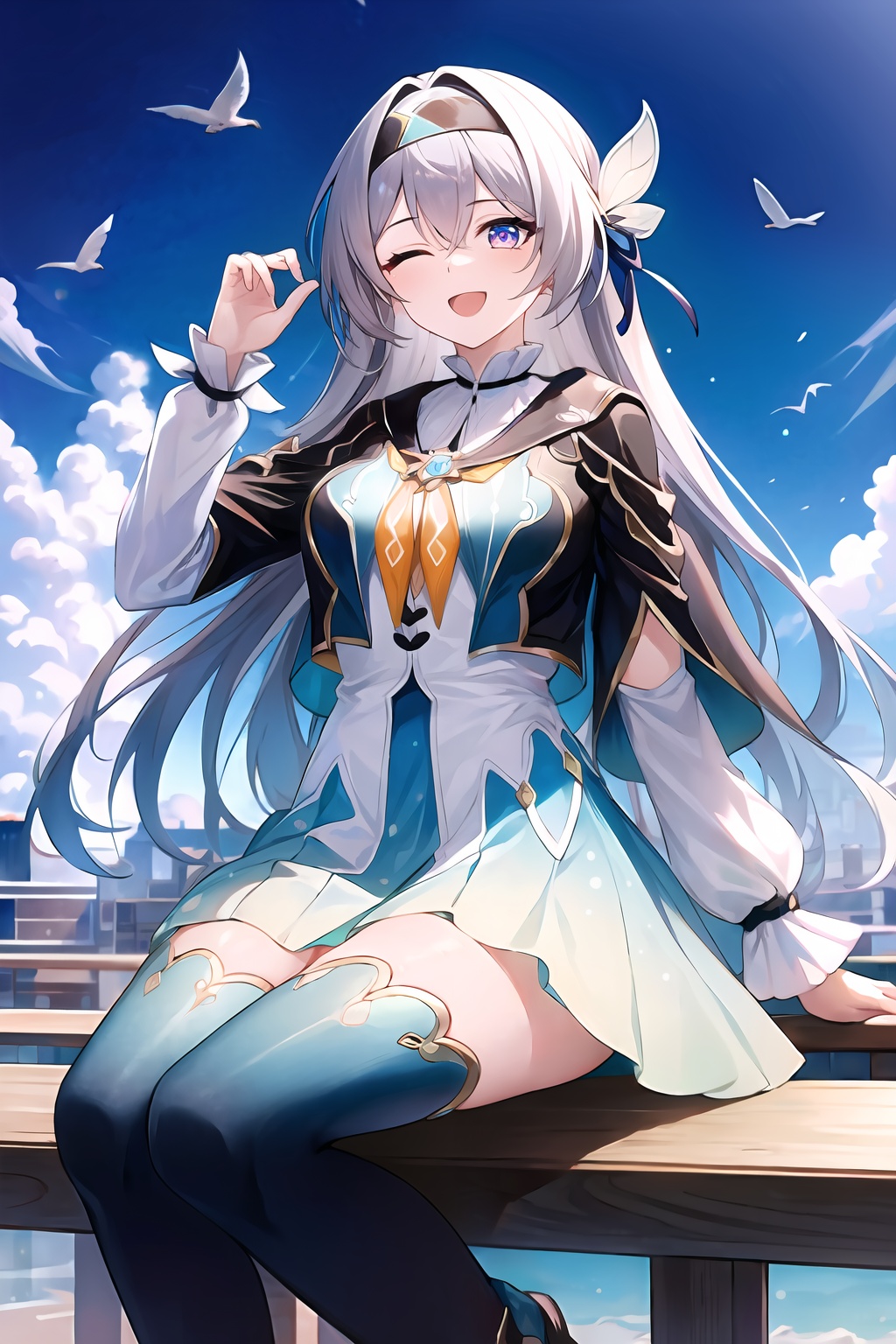 (masterpiece, best quality:1.2),insanely detailed,absurdres,ultra-highres,ultra-detailed,best quality,slender,kawaii,perfect symmetrical face,ultra cute girl,ultra cute face,ultra detailed eyes,ultra cute,ultra beautifu,<lora:firefly-000001:1>,firefly \(honkai: star rail\),1girl,solo,black jacket,one eye closed,multicolored thighhighs,long hair,smile,hairband,railing,black jacket,black hairband,open mouth,flower,orange neckerchief,black thighhighs,black jacket,looking at viewer,bird,sky,orange neckerchief,long sleeves,dress,white dress,hair intakes,sidelocks,hand up,foot out of frame,high heels,outdoors,;d,boots,cloud,white shirt,white shirt,multicolored eyes,grey hair,boots,