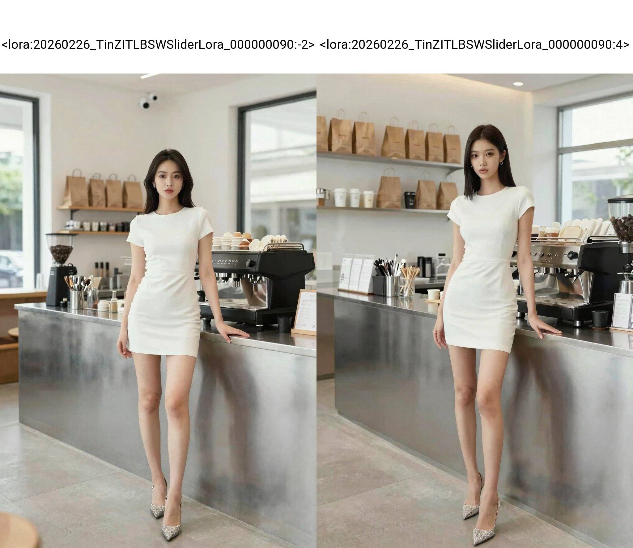 <lora:20260226_TinZITLBSWSliderLora_000000090:-2>, In this modern, minimalist café, a slender, fair-skinned woman with straight, dark hair stands confidently at a sleek, stainless steel counter. She's dressed in a chic, white, short dress that accentuates her petite frame. Her legs are long and toned, and she wears elegant, pointed-toe heels with a subtle sparkle. The café’s decor is clean and contemporary, featuring white walls and large windows that let in natural light. Shelves behind her display neatly arranged brown paper bags and various café supplies. The counter is adorned with a black coffee machine, a glass container filled with utensils, and a small black cup. The overall ambiance is bright and inviting, suggesting a stylish and efficient café setting.