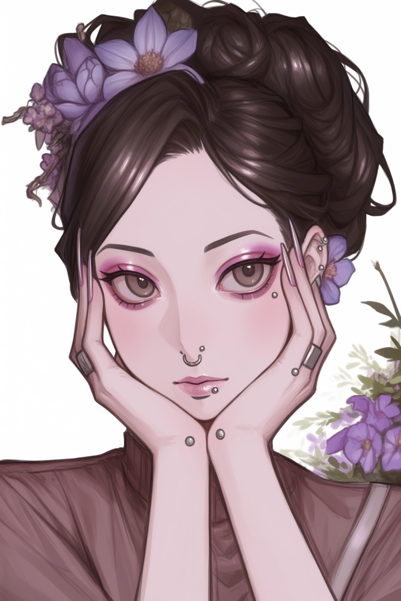 @wwrnst,  The image depicts a young woman with fair skin and dark brown hair styled in an intricate updo adorned with purp...