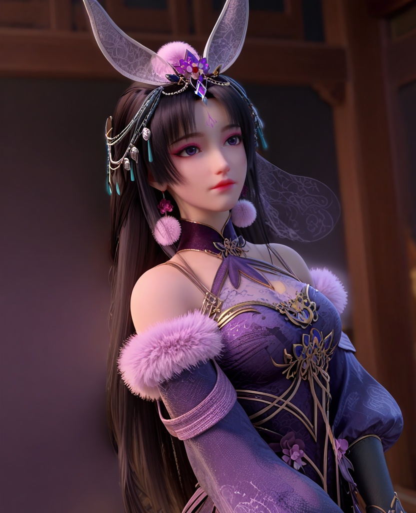 (oriental architecture, elegant decor, sophisticated style:1.1),(Head slightly tilted, a hand delicately lifting an invisible veil, she beckons intrigue and allure:1.1),(breasts:1.2),<lora:XL暗河传慕雨墨:0.95>,miss muyumo,purple halter dress,pom pom \(ornament\),rabbit ears hair ornament,jewelry,puffy long sleeves,forehead mark,fur trim,black hair,long hair,purple eyes,parted bangs,white thighhighs,, score_9,score_8_up,score_7_up,score_6_up,score_5_up,score_4_up,3d rendering,tag1,tag2, Cinematic Lighting,backlighting,