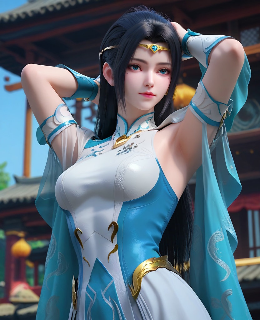 (oriental architecture, elegant decor, sophisticated style:1.1),hands above her head,(breasts:1.2),<lora:XL16大主宰苏萱:0.95>,miss suxuan,layered aqua and white gown,blue eyes,mole under right eye,circlet,black hair,long hair,wide flowing sleeves,bracer,, zPDXL2, score_9, score_8_up, score_7_up BREAK realistic, masterpiece,best quality, highly detailed,, zPDXL3, zPDXL2,zPDXL, zPDXLxxx, zPDXLrl,