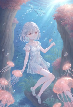 best quality, masterpiece,1girl, solo, short hair , gradient, breasts, gradient background, white hair , full body, red eyes, looking at viewer, small breasts ,scenery, underwater, fish, light rays, coral, blue theme, sunlight, blurry foreground, blurry, depth of field, rock, animal, whale, air bubble, sunbeam, outdoors, bubble, jellyfish, leaf, outdoors, plant, scenery, day, sunlight, shadow, blurry, wall  <lora:poireXLlokr4f-000287:0.8>