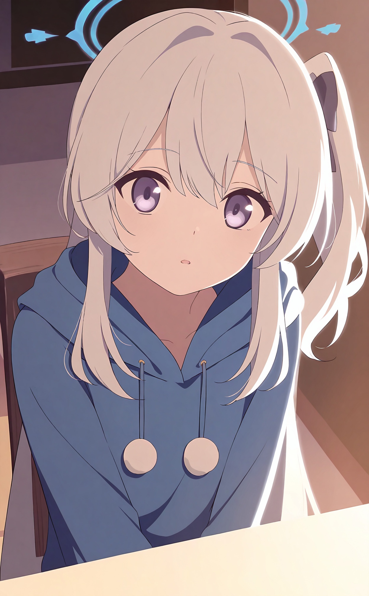 masterpiece,best quality,high quality,1girl,miyako_\(blue_archive\),1girl,solo,blue_halo,halo,hood,purple_eyes,blue_hoodie,hoodie,looking_at_viewer,long_hair,grey_hair,hair_between_eyes,one_side_up,upper_body,hood_down,open_mouth,long_sleeves,parted_lips,chair,indoors,//,<lora:BA——【noob】hans:1>,