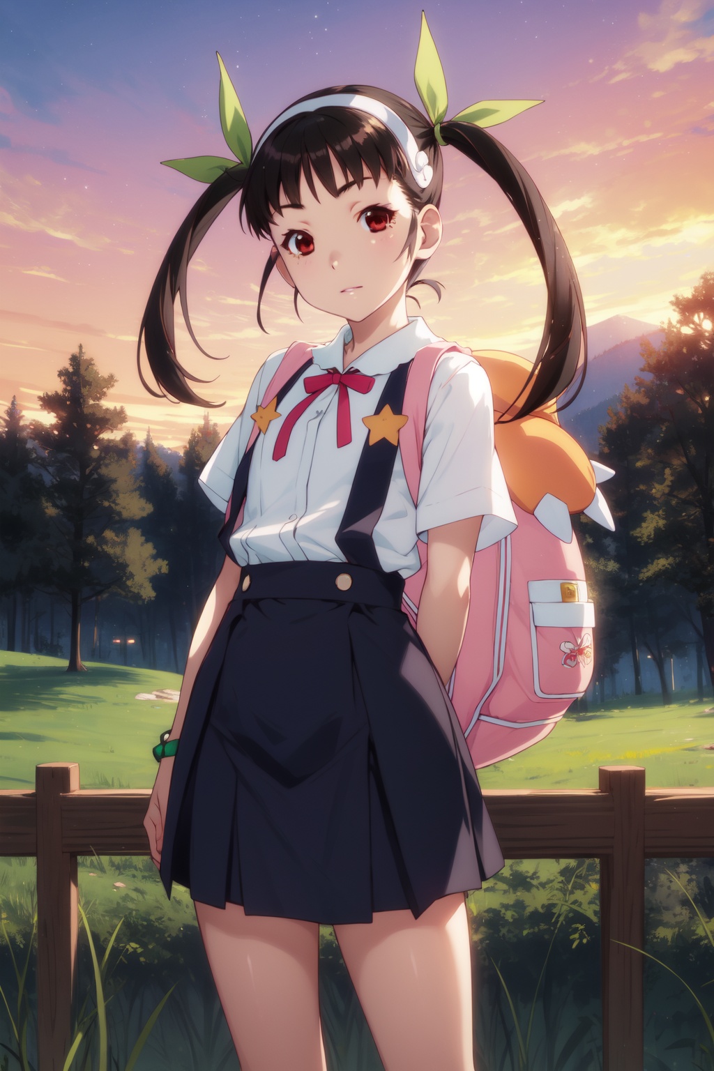 <lora:Hachikuji-000010:0.8>,Hachikuji cyql,1girl,looking at viewer,solo,black hair,long hair,twintails,hairband,ribbon,hair ribbon,green ribbon,red eyes,suspender skirt,backpack,bag,bandaid,bandaid on knee,school uniform,skirt,child,bracelet,Guilty, Downcast eyes, slumped shoulders, and a slightly ashamed expression.,panorama,beautiful face,beautiful eyes,glossy skin,shiny skin,Countryside, Cattle, Hills, Grass, Trees, Farmhouses, Fence, Sunset,(Bamboo shoots, Bamboo canopy, Misty atmosphere, Rustling leaves, Zen tranquility, Bamboo grove:0.6),beautiful detailed sky,beautiful detailed glow,posing in front of a colorful and dynamic background,masterpiece,best quality,beautiful and aesthetic,contrapposto,female focus,wallpaper,fashion,