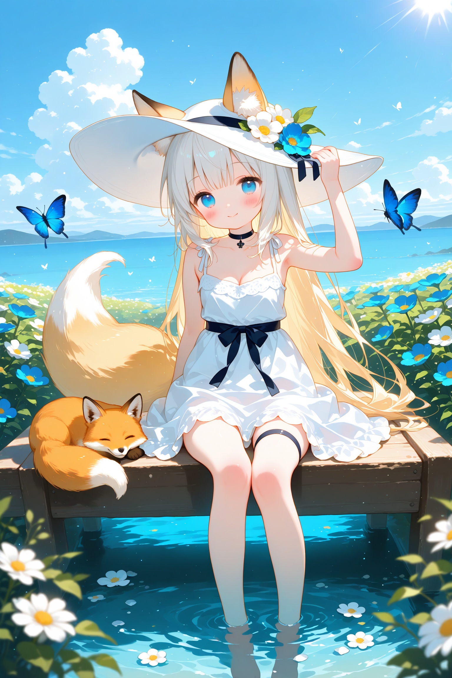 Elite,loli,1girl,solo,long hair,breasts,looking at viewer,blush,smile,bangs,blue eyes,blonde hair,hat,dress,ribbon,animal ears,cleavage,bare shoulders,medium breasts,sitting,very long hair,closed mouth,collarbone,tail,flower,white hair,outdoors,sky,barefoot,sleeveless,choker,day,cloud,water,white dress,arm up,blue sky,animal ear fluff,bare arms,fox ears,thigh strap,sleeveless dress,depth of field,fox tail,animal,white headwear,black choker,bug,white flower,fox girl,butterfly,blue flower,sun hat,blurry foreground,hat flower,hand on headwear,sundress,soaking feet,blue butterfly,