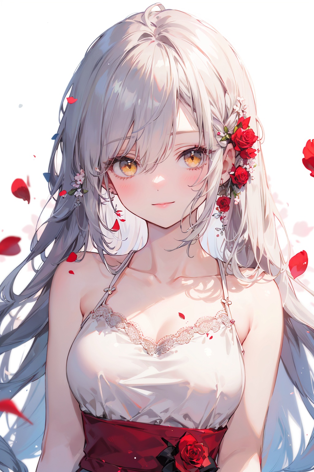 masterpiece,best quality,1girl,solo,looking at viewer,silver hair,yellow eyes,beautiful and detailed face,evil smile,upper body,collarbone,collarbone,large breasts,white long translucent night gown,expressionless,hair cover one eye,long hair,red hair flower,standing,blood,(plenty of red petals:1.35),white background,simple background,
