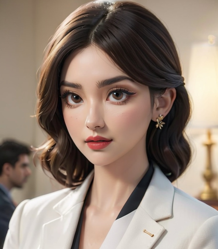 earrings,jewelry,1girl,solo focus,brown hair,looking at viewer,buttons,blurry,realistic,brown eyes,blurry background,lips,upper body,shirt,red lips,suit,white shirt,closed mouth,(black suit),lipstick,makeup,depth of field,big head,white skin,indoors,masterpiece,best quality,8k,insane details,intricate details,high detail,((masterpiece)), ((best quality)),