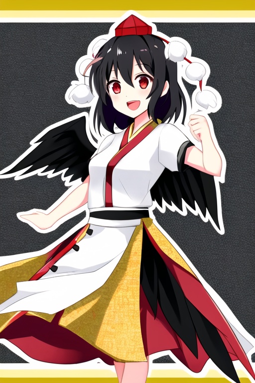 shameimaru aya,1girl,hat,solo,wings,red eyes,black hair,smile,open mouth,<lora:aya5:1>,pom pom \(clothes\),hanfu, song style outfits,<lora:hanfuSong_v31:0.7>,