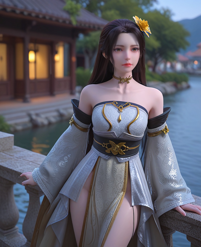 (oriental architecture, elegant decor, sophisticated style:1.1),Standing on a pier, gazing at the water, lost in a moment of introspection and calmness,,(breasts:1.2),<lora:XL完美世界十六公主:0.95>,princess sixteen,solo,strapless dress,detached sleeves,wide sleeves,brown eyes,black hair,long hair,yellow hair flower,yellow heart choker,bare shoulders,sidelocks,lips,sash,white overskirt,pelvic curtain,, zPDXL2, score_9, score_8_up, score_7_up BREAK realistic, masterpiece,best quality, highly detailed,, zPDXL3, zPDXL2,zPDXL, zPDXLxxx, zPDXLrl,